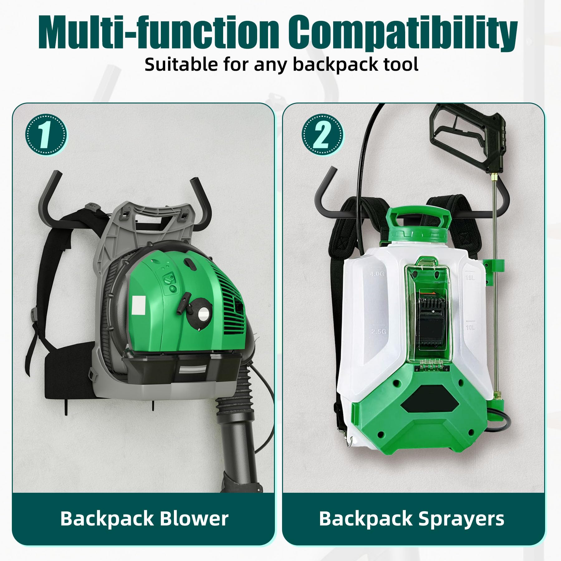 Soporte de pared para soplador de mochila, soporte para soplador de hojas, soporte para motosierra, soporte táctico de almacenamiento de mochila para herramientas de jardín, garaje y