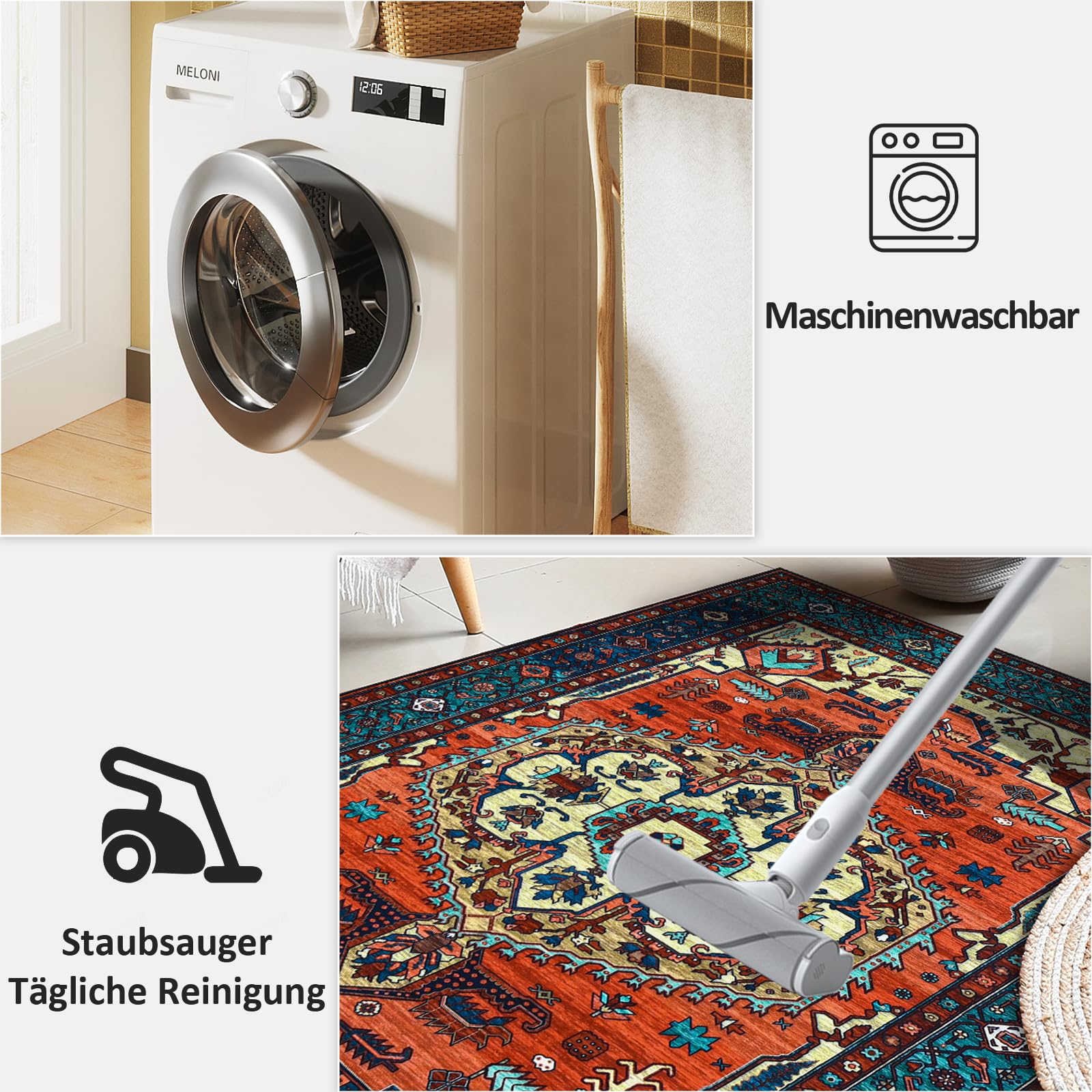 WONGS BEDDING Boho Teppich Wohnzimmer Schlafzimmer Kurzflor Teppiche Waschbar Weich rutschfest Vintage Design