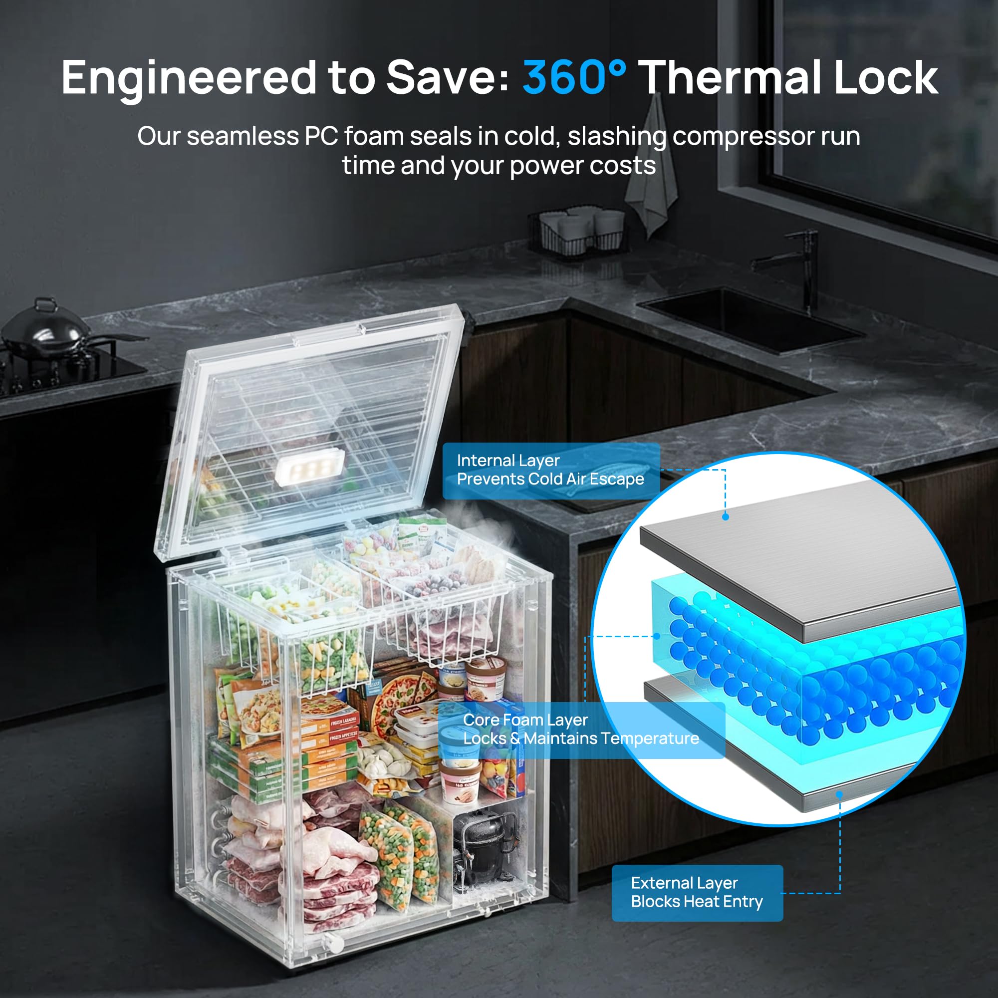 2.7 Cu.Ft Chest Freezer, Small Compact Deep Freezer with Adjustable 7 Thermostat,2 Removable Baskets, Energy Saving, Quiet Top Open Door Mini Meat Freezer with LED Light for Garage Outdoor Home Office - 5