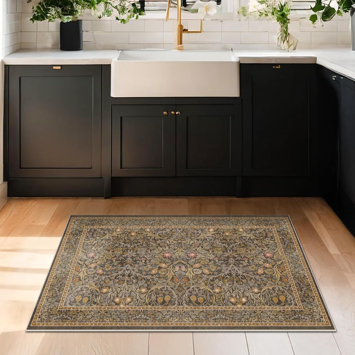 Brown Washable Entry Rug - Front Door Throw Rugs Indoor, Non-Slip Bathroom Small Rugs, Vintage Floral Thin Rug for Kitchen, Boho Earthy Entryway Décor (2x3 Gold Brown)