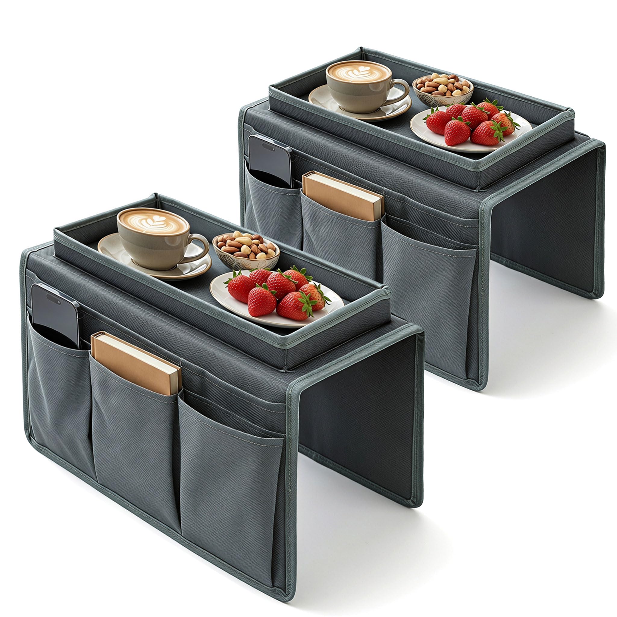 2 pcs Functional Sofa Armrest Organizer, Waterproof Non-Slip Armchair Caddy Storage Holder Multi Pockets Sofa Remote Control Holder Arm Chair Tray Organisers for Cup Phone Tablet and Snack