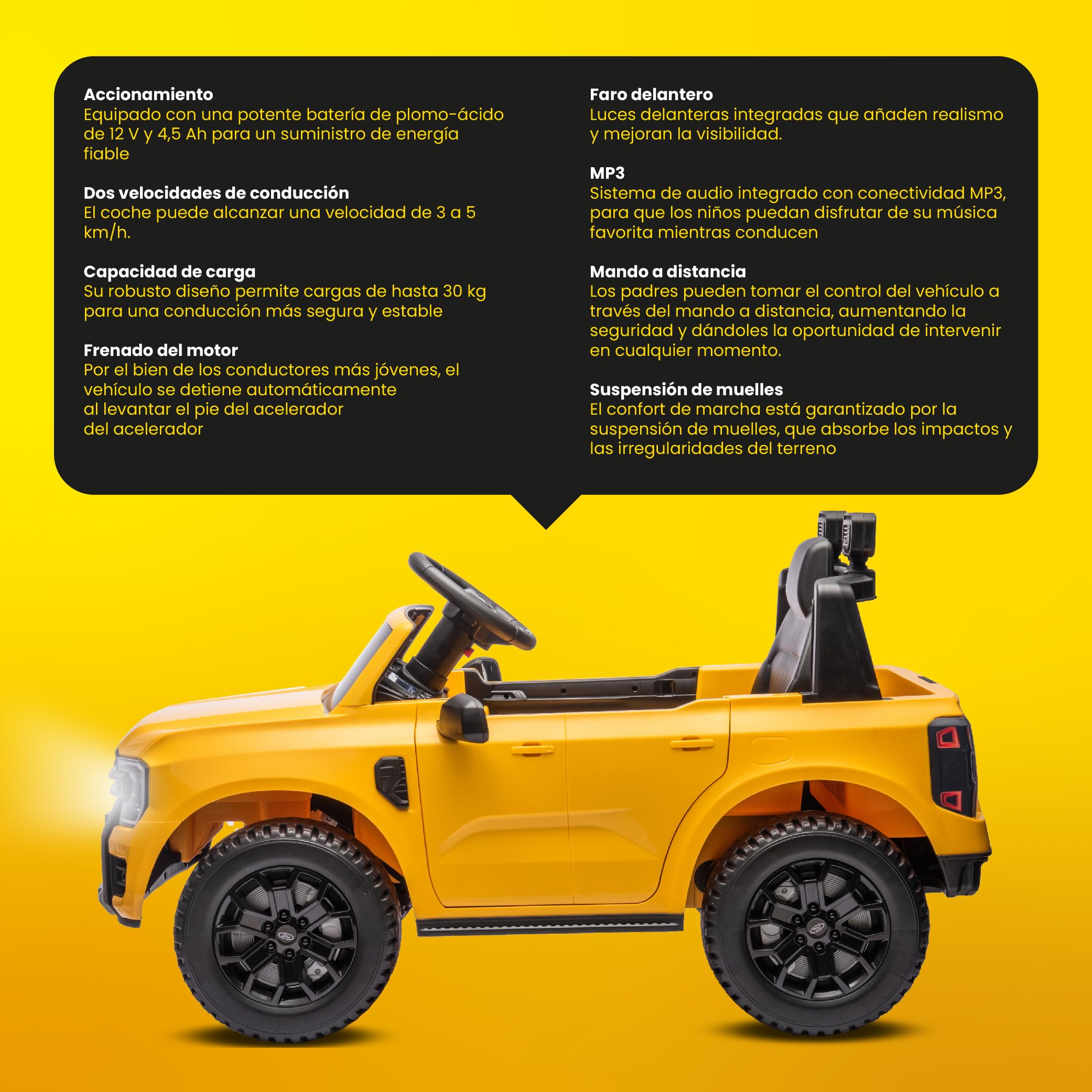 Coche eléctrico para niños Ford de 3 a 6 años, Potencia Motor 30W, Mando a Distancia, suspensión, Faros, Lector MP3 (Amarillo)