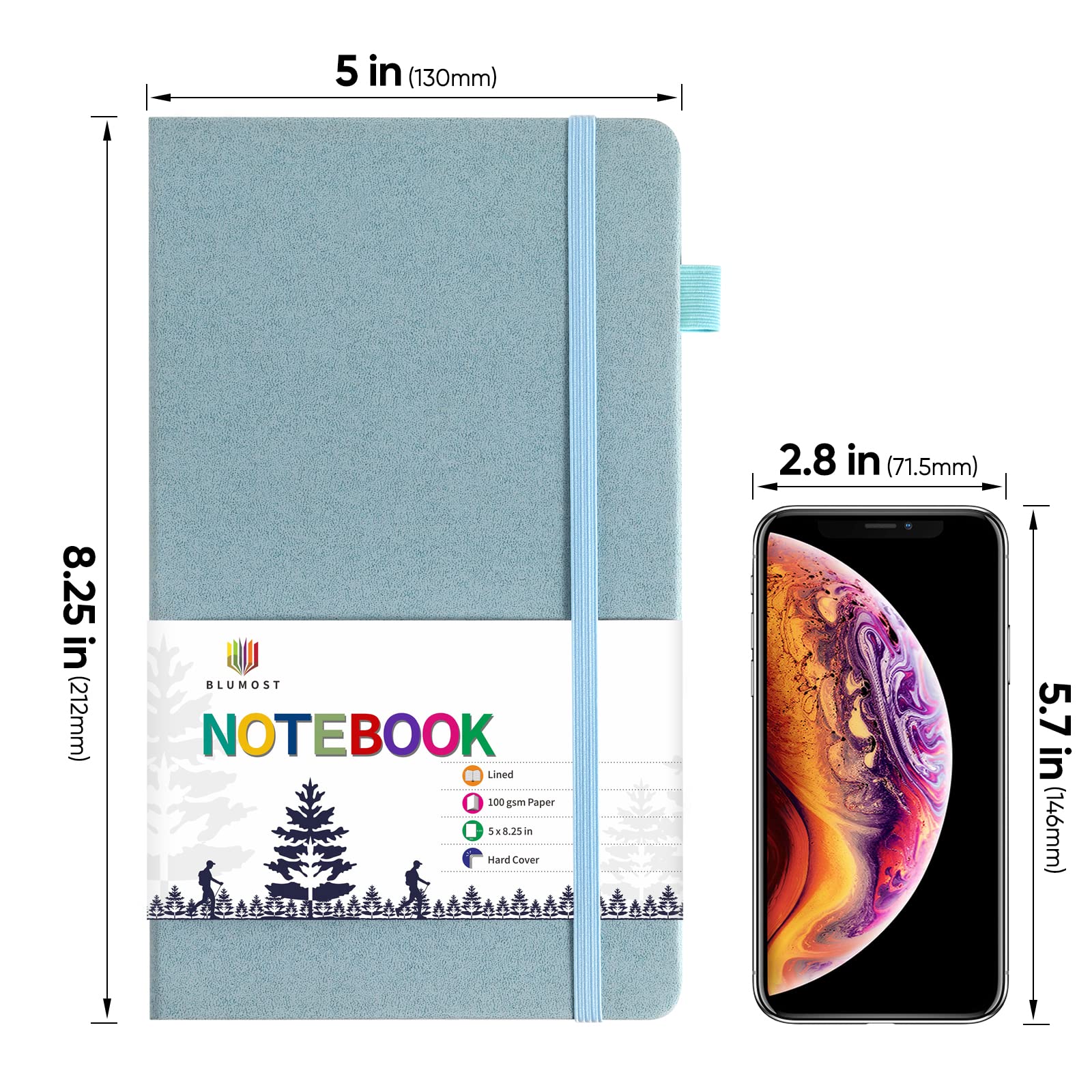 BLUMOST Liniertes Tagebuch, Notizbücher mit Stiftschlaufe, Hardcover-Notizbuch für die Arbeit, 100 g/m², dickes Premium-Papier mit Innentasche, mittelgroß, 12,7 x 21 cm, Blau