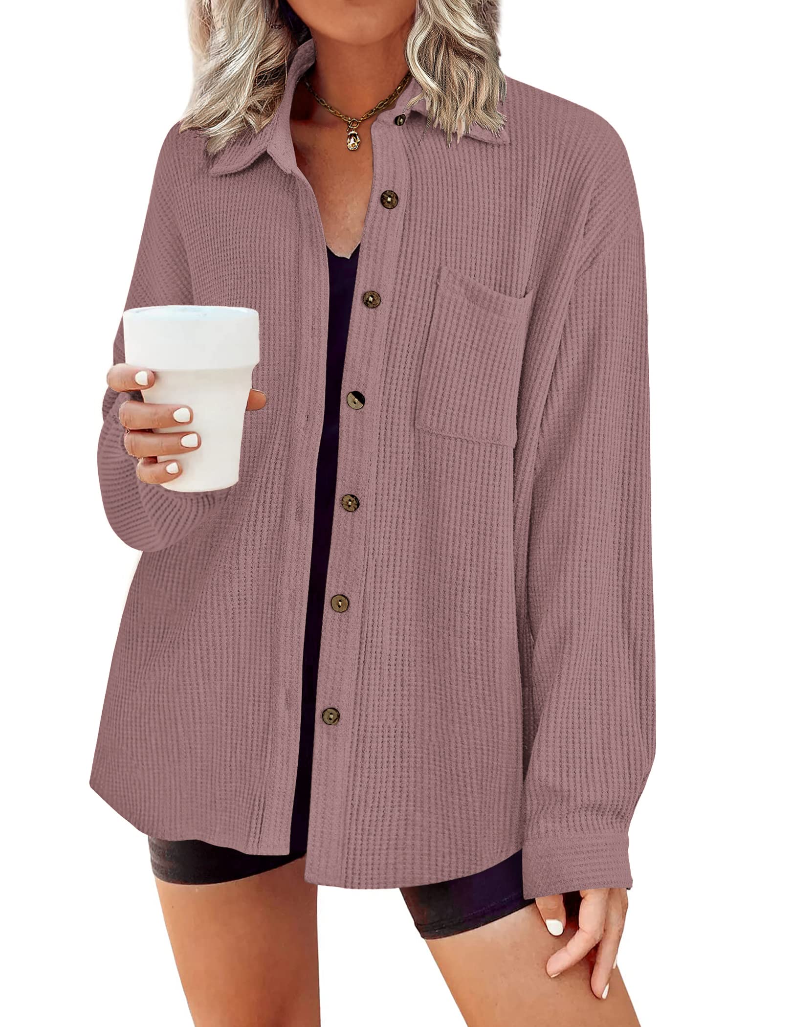 HOTOUCH Waffle Knit Button Down Shirts for Women Dressy Casual Work Shacket V Neck Long Sleeve Loose Tops with Pocket