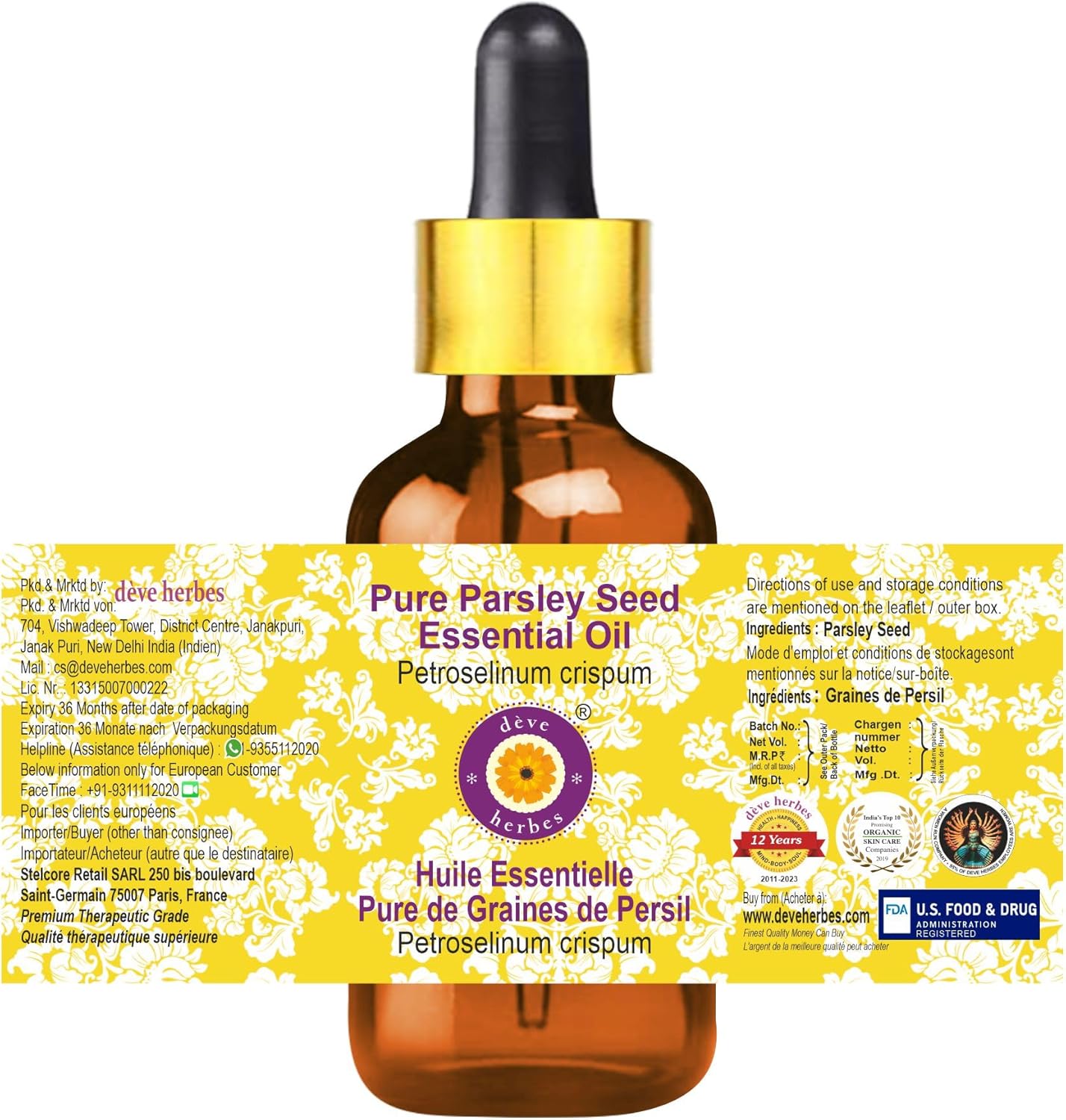 Deve Herbes Pure Parsley Seed Essential Oil (Petroselinum crispum) with Glass Dropper Steam Distilled (Pack of Two) 100ml X 2 (6.76 oz)