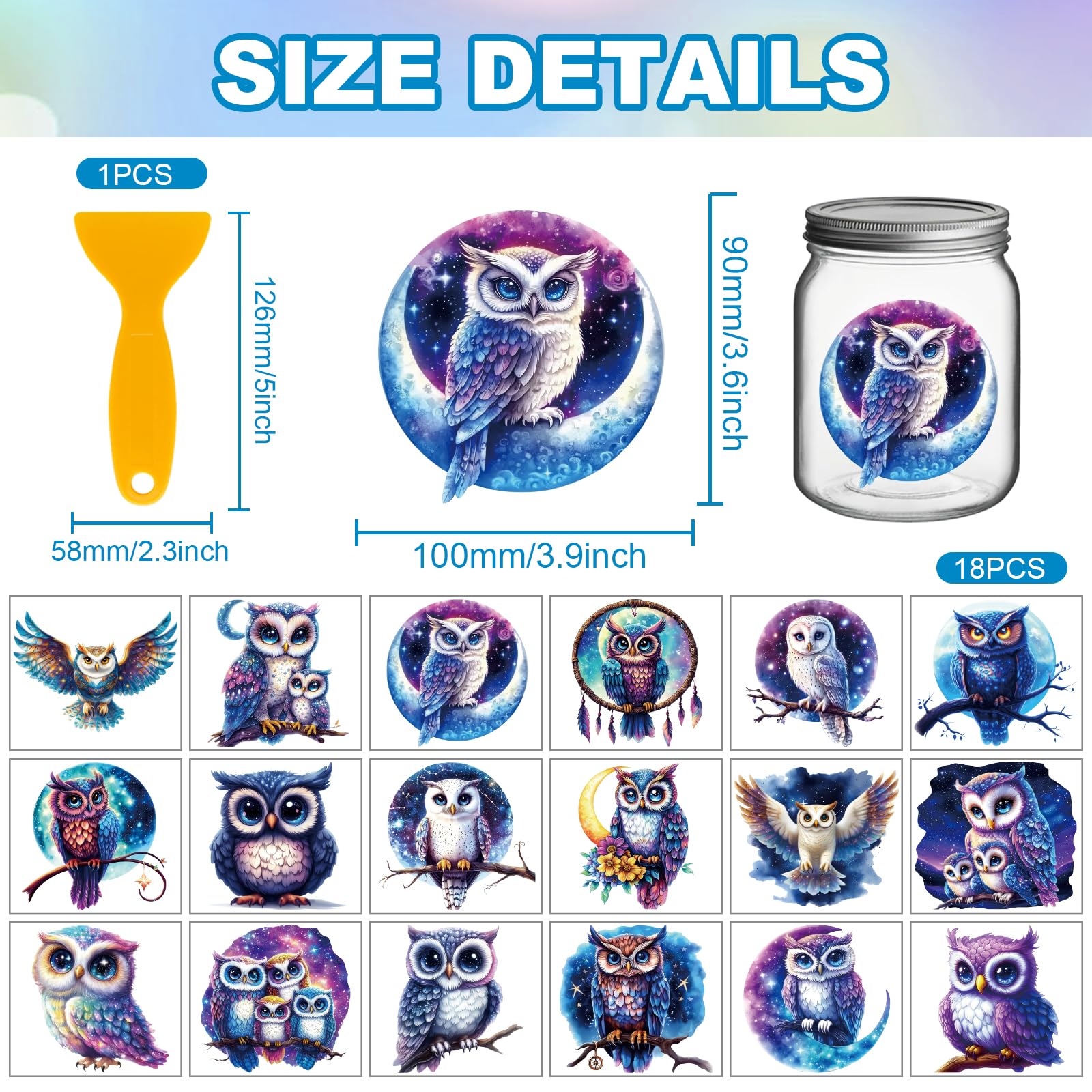 GLOBLELAND 18 Sheets Starry Sky Owl Transfer Stickers 3.9x3.6inch Moon Animals Colorful Transfer Flower Decal Rub on Transfer for Cup Decal Vase Glass Art Crafts Decorations - Image 2