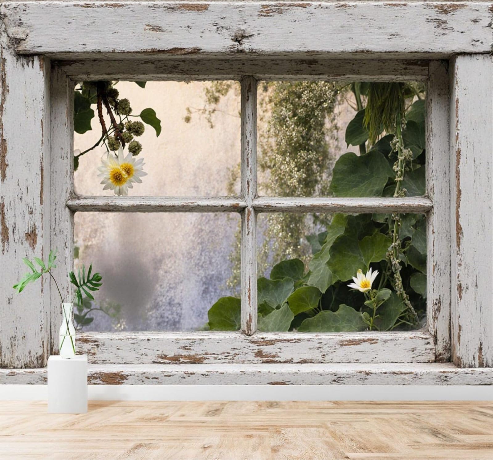 Tzxztt Vintage Rustic Style Window Green Leaves White Flowers Modern 3D Wallpaper Premium Textured Silk Neutral Tones Material Ideal for Living Room Bedroom-350cm×256cm