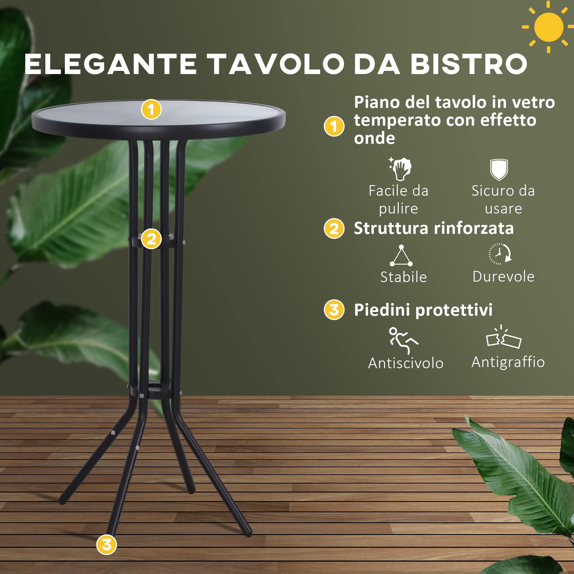Outsunny Set da Bar/Ristorante 3 Pezzi: 2 Sgabelli (40.5x50x82cm) 1 Tavolo Vetro Temperato (Φ60x102cm), Nero e Marrone