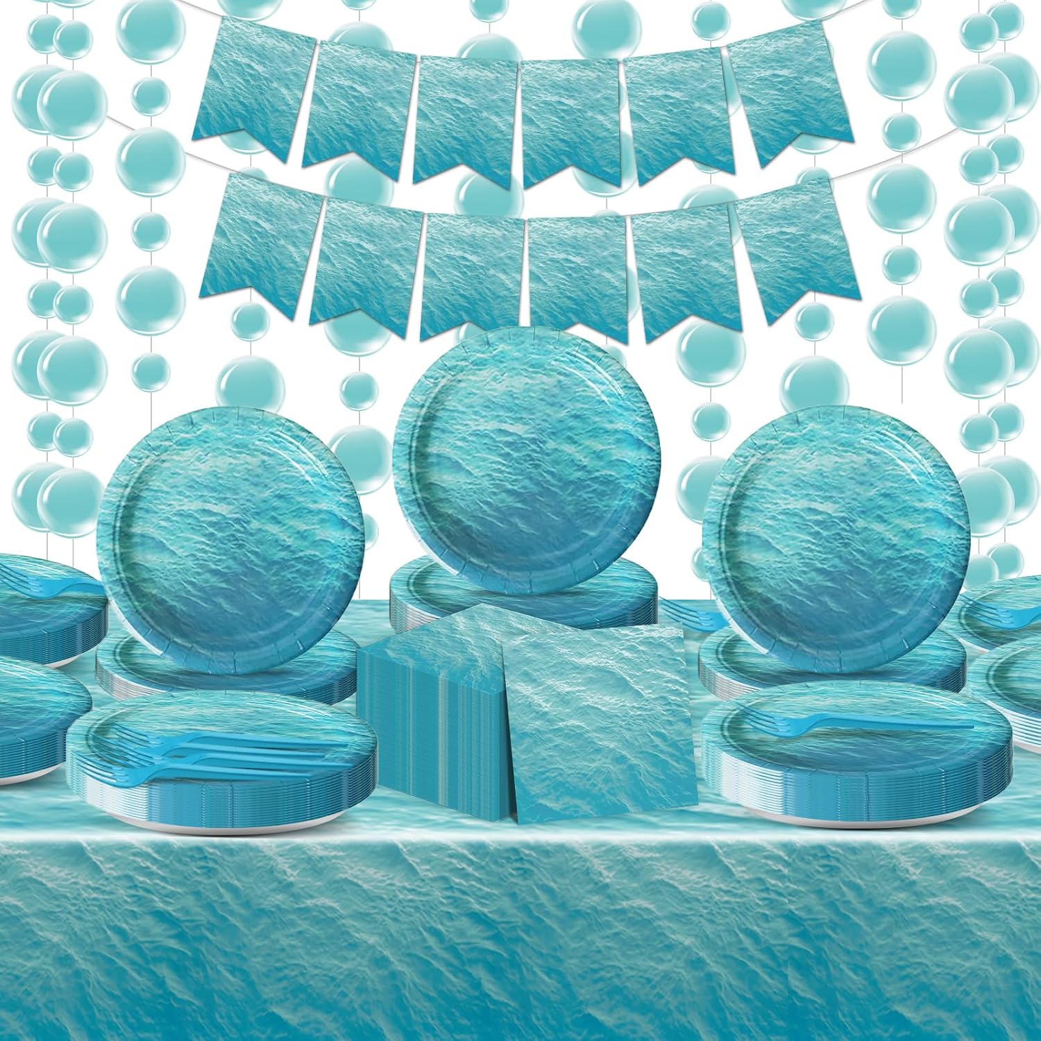 gisgfim 209Pcs Ocean Sea Party Supplies - Includes Plates, Napkins, Forks, Tablecloth, Banner, Garland for Birthday, Baby Shower Decorations