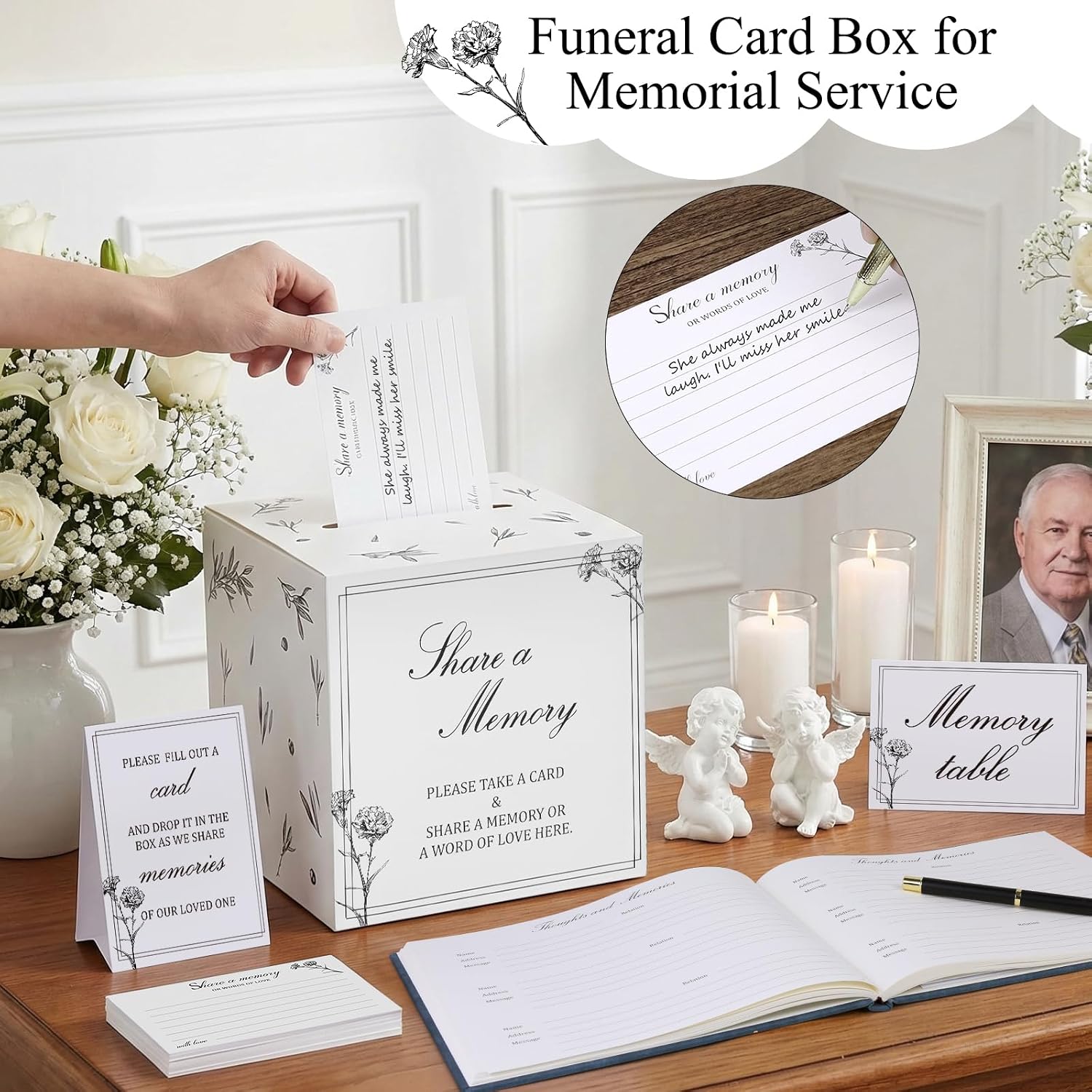 All-in-One Funeral Guest Book Set with Wooden Keepsake Box, Guest Book, 50 Blank Memory Cards, Card Drop Box,2 Pen，Table Sign & Instruction Card for Memorial Service & Celebration of Life