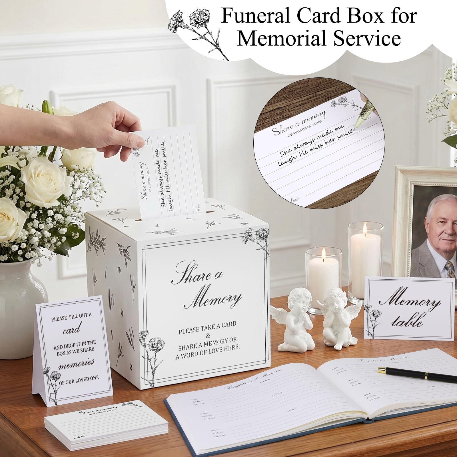 Juego de libro de invitados funerario con caja de recuerdos de madera, incluye 50 tarjetas de memoria en blanco, tarjeta de mesa de memoria, tarjeta de instrucciones, caja de tarjetas y libro de