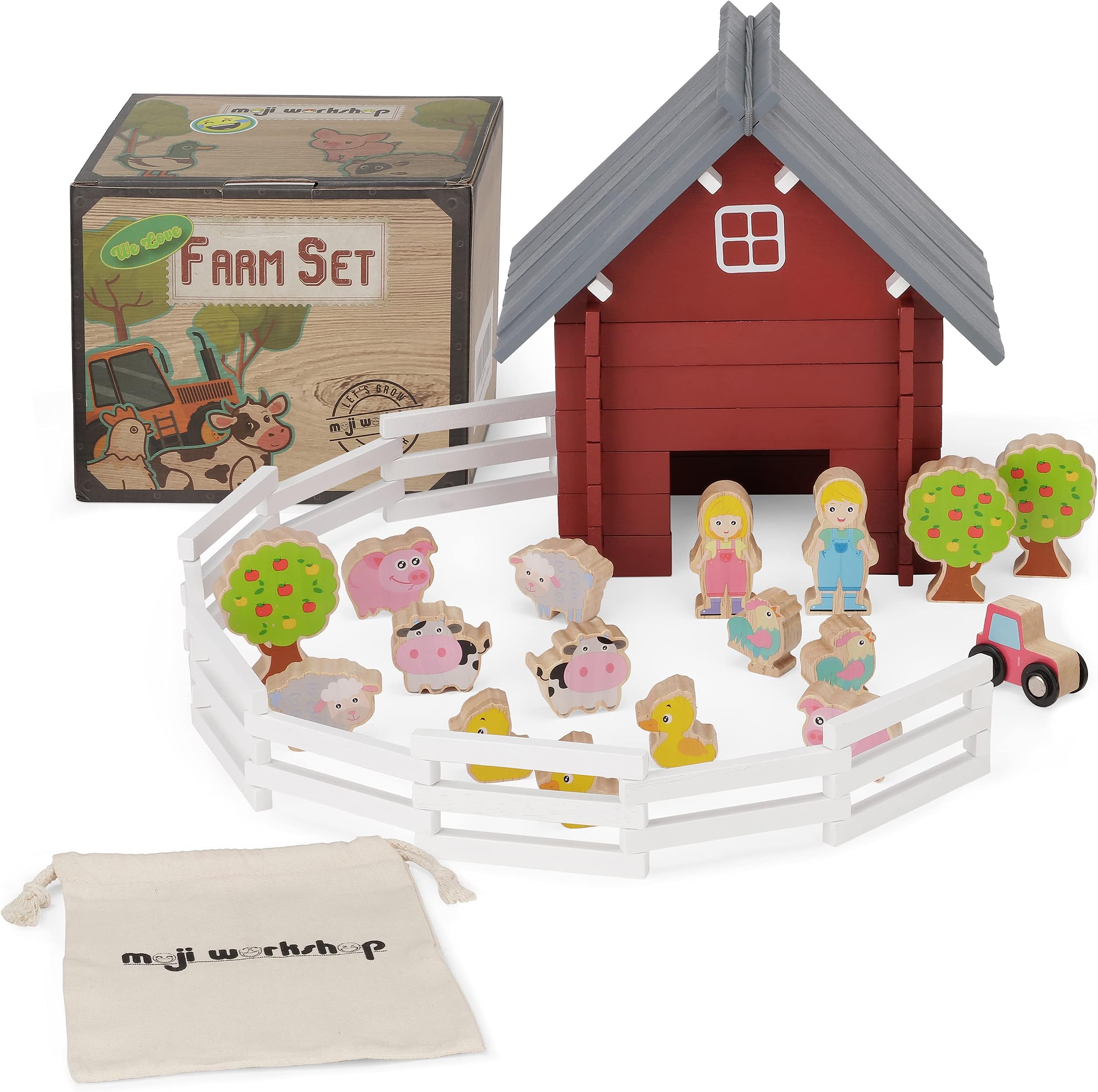 moji workshop Wooden Farm Toys - Quality Wooden Farm Set for Kids with Wooden Animals, Toy Farm and more