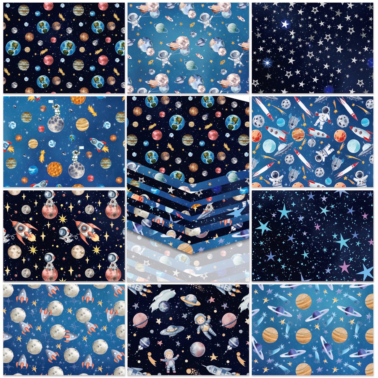 FYSUIMU 10 Stück Weltraum-Baumwollstoffbündel Astronaut Rakete Sterne Fat Quarters Galaxy Quilten Patchwork für DIY Nähen Handwerk Dekor, 45,7 x 55,9 cm