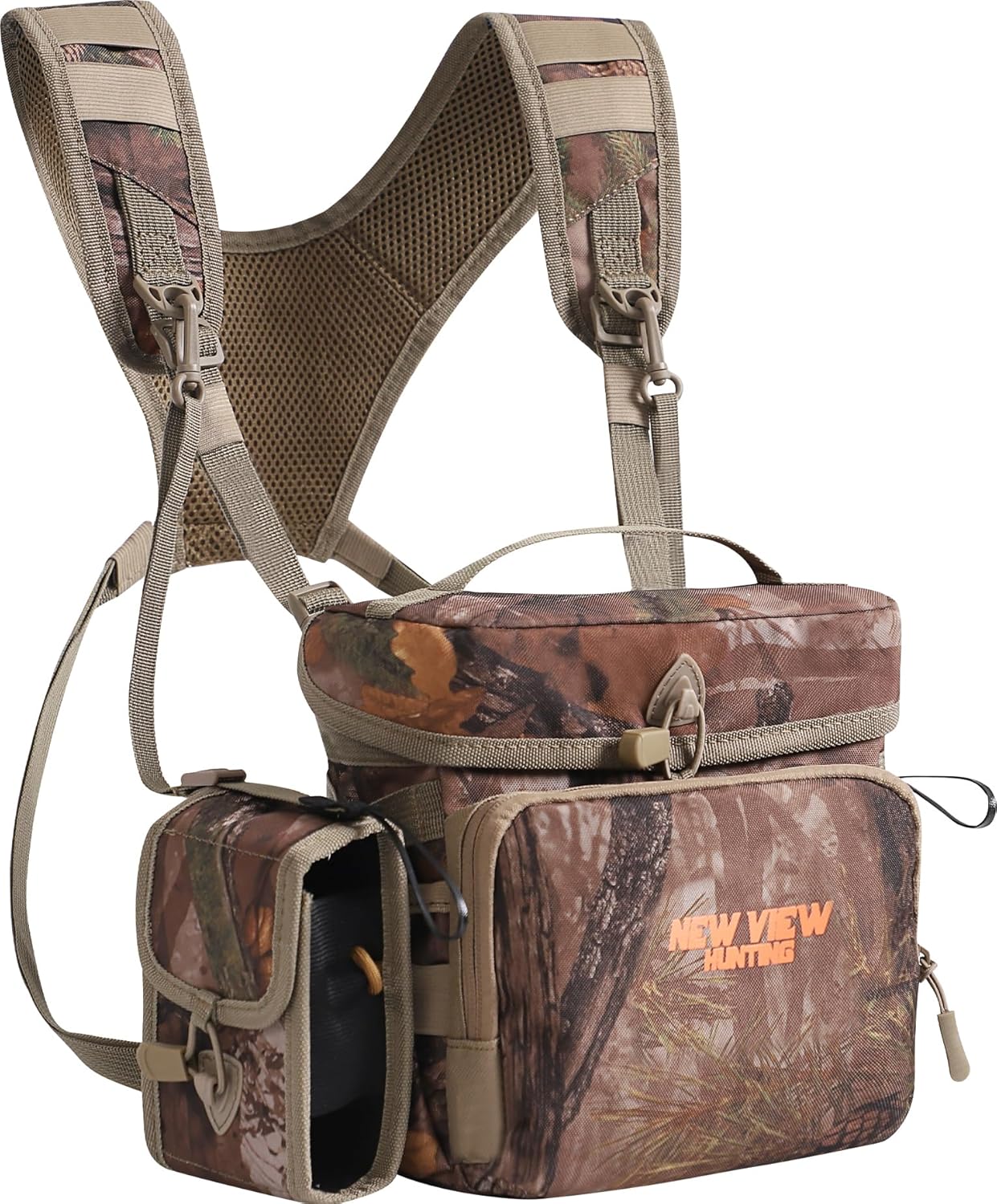 NEW VIEW CamoRanger Binocular Harness Chest Pack, Ripstop Bino Harness with Rangefinder Pouch and Rain Cover for Hunting