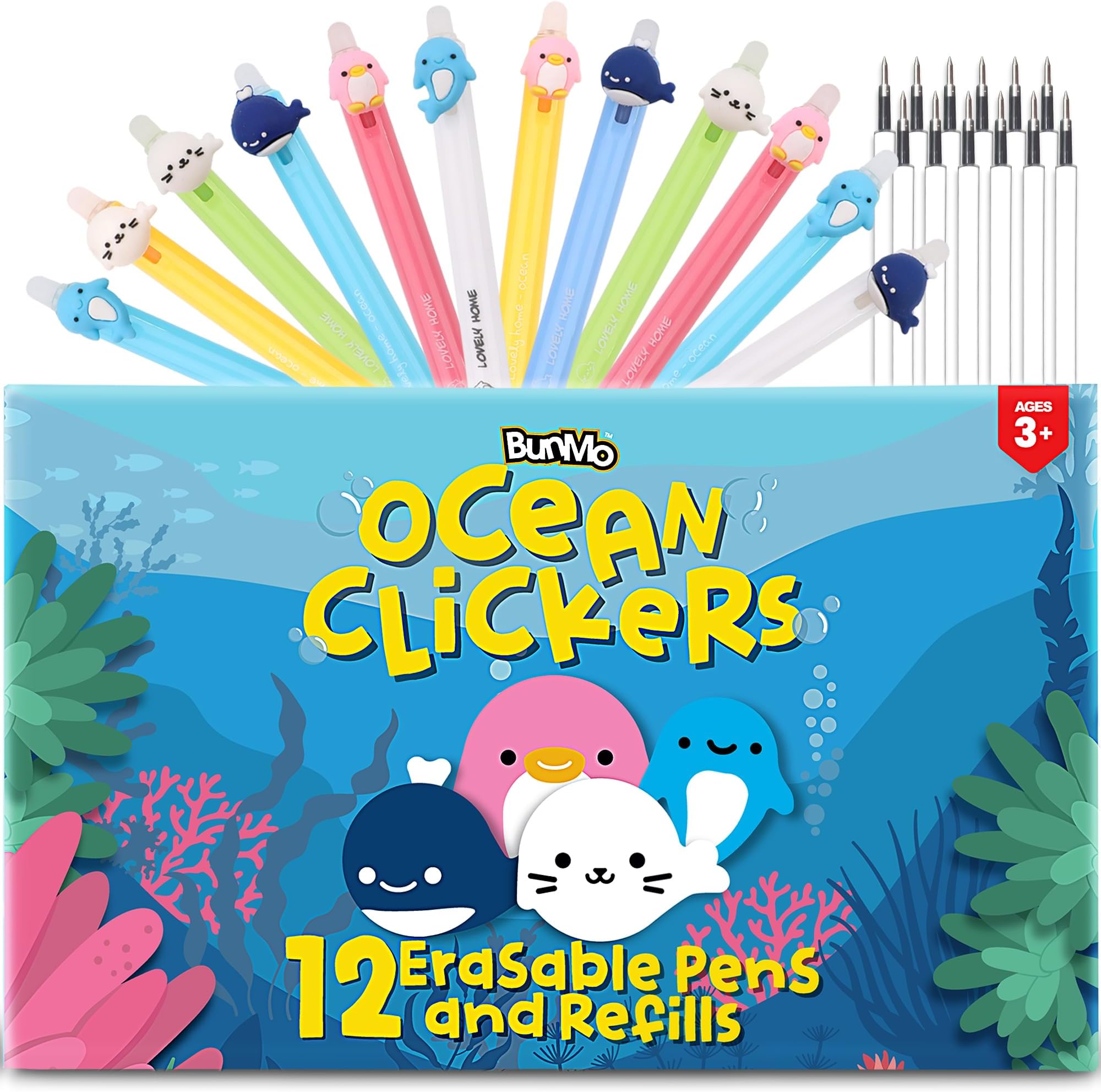 BUNMO 12 Cute Erasable Gel Pens with 12 Black Ink Refills - Multicolor Animal Pens for Kids - Make Mistakes Disappears, Fine Point for School and Journaling