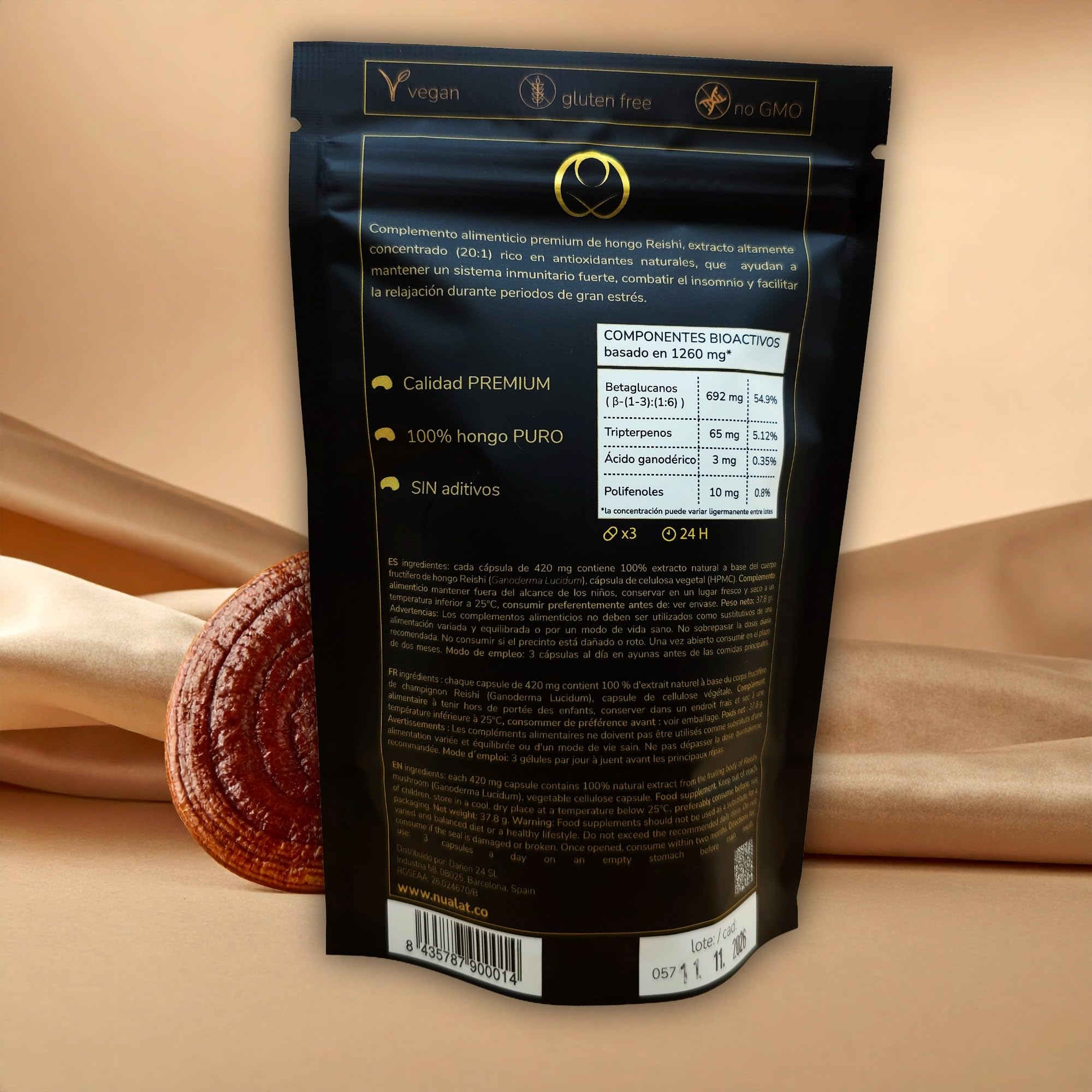 Extracto de Reishi, Ganoderma Lucidum, 420mg, Cápsulas Vegetales, 55% Beta-Glucanos, 5.12% Triterpenos, para Descanso, Inmunidad y Equilibrio Emocional