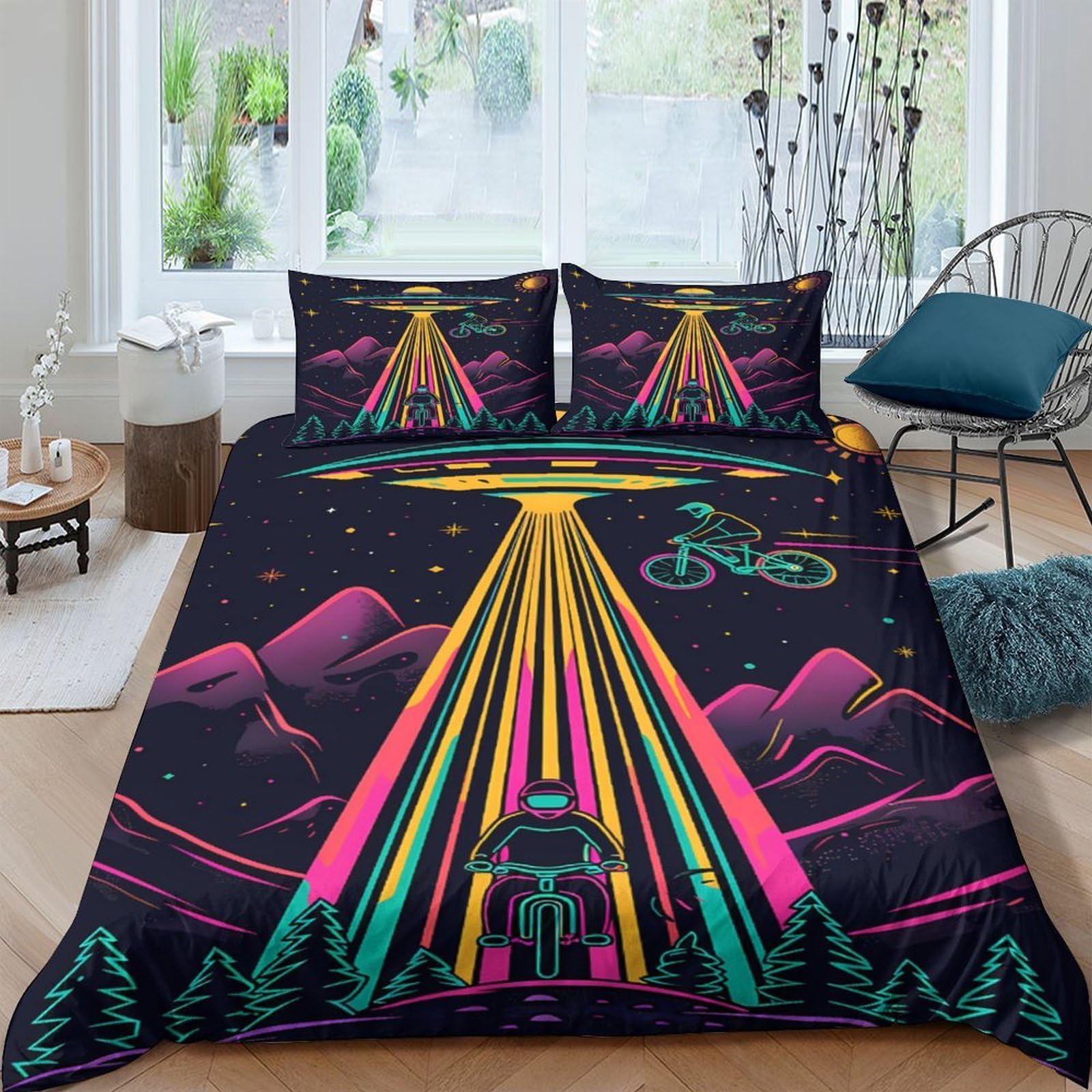 Ctjqhvkz Style-7 3D Printed Neon Ufo Fitted Sheet Microfiber Soft Breathable Retro Mountain Mattress Cover For Bedroom Dorm Decor Single（135X200cm）