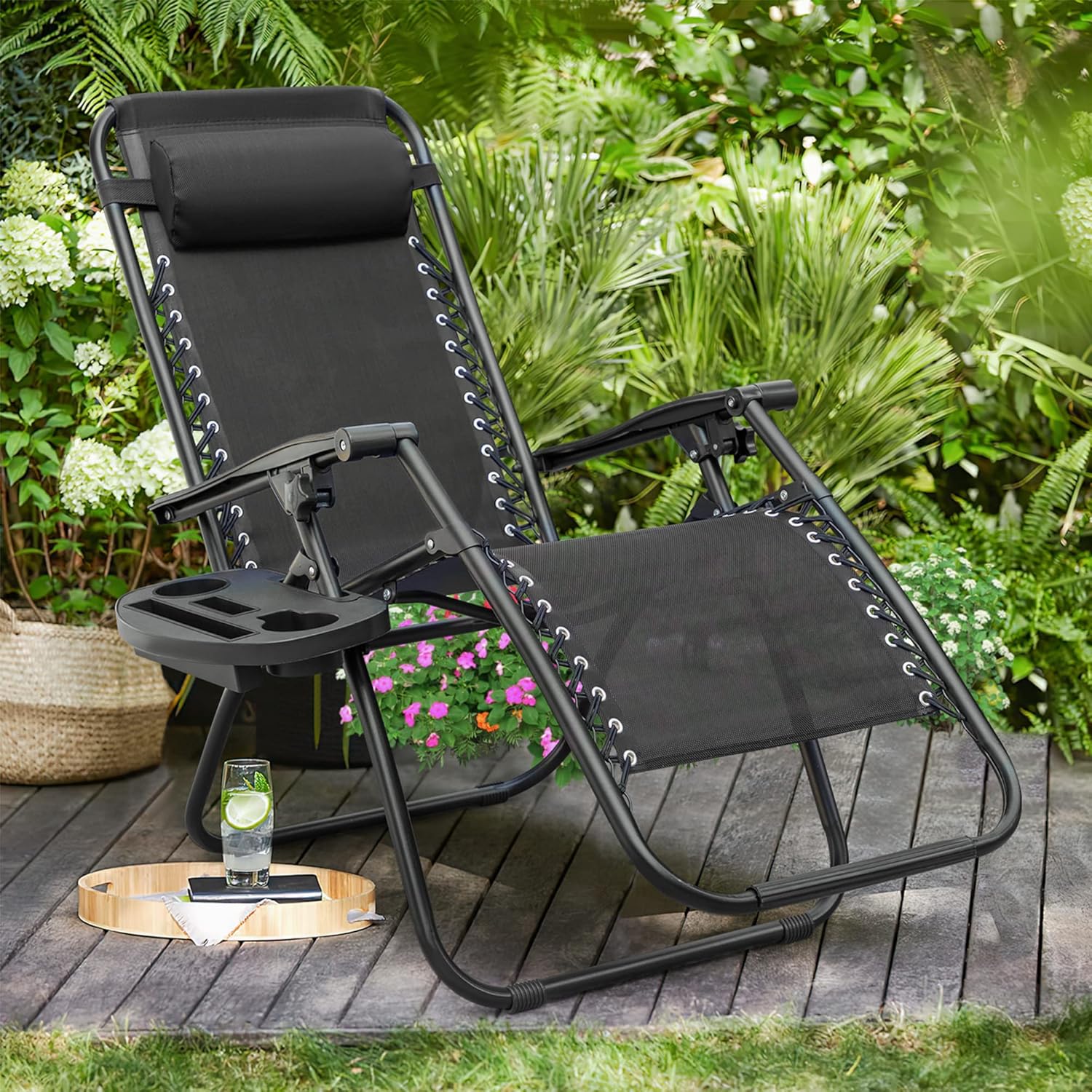 Flamaker Patio Zero Gravity Chair Outdoor Folding Lounge Chair Recliners Adjustable Lawn Lounge Chair with Pillow for Poolside, Yard and Camping (Black)