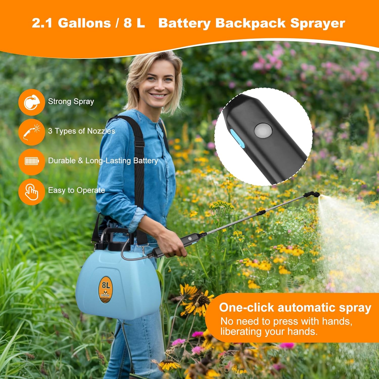Battery Backpack Sprayer 2.1 Gallon, Rechargeable Sprayer with 3 Adjustable Nozzles, 1.5-3H Runtime, Adjustable Wand Leak-Proof & Chemical-Resistant Tank for Lawn, Garden & Farm Use (Blue)