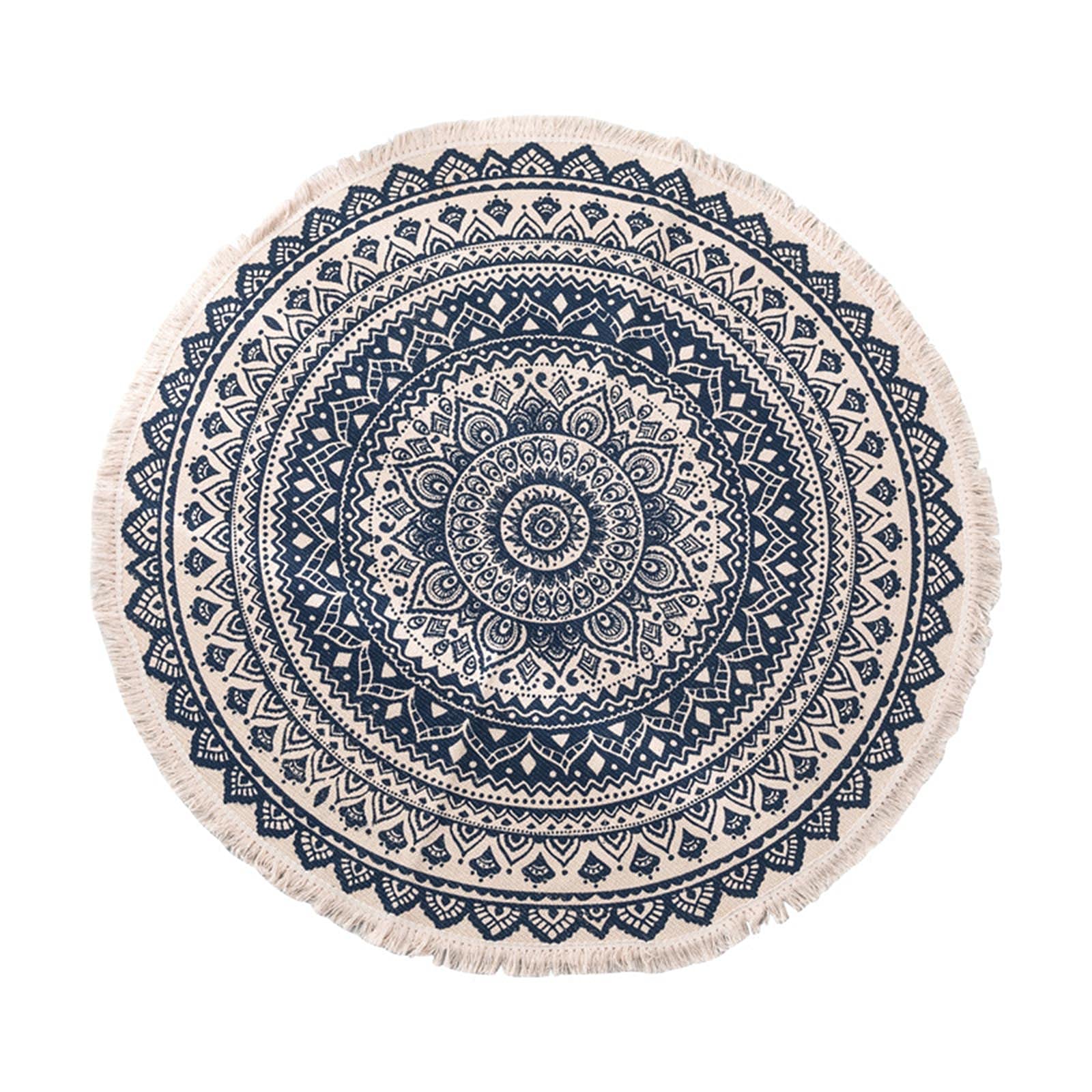 Hhzy Black Boho Cotton Mandala Round Area Rug For Bedroom Living Room With Bohemian Floral Pattern Hand Woven Circle Carpet With Tassels Fringe Vintage Washable Anti-Slip Floor Mat,,150Cm