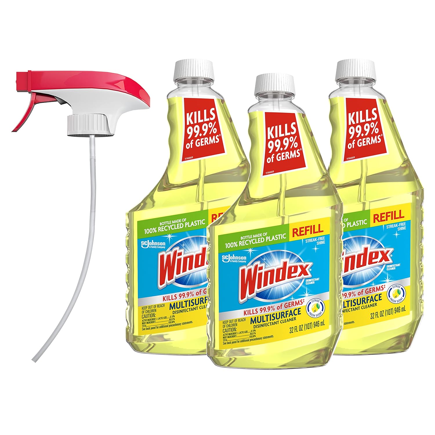 Windex Refill Multipurpose Disinfectant Cleaner Spray with Reusable Trigger Bottle Made from 100 Recovered Coastal Plastic Surface Cleaning