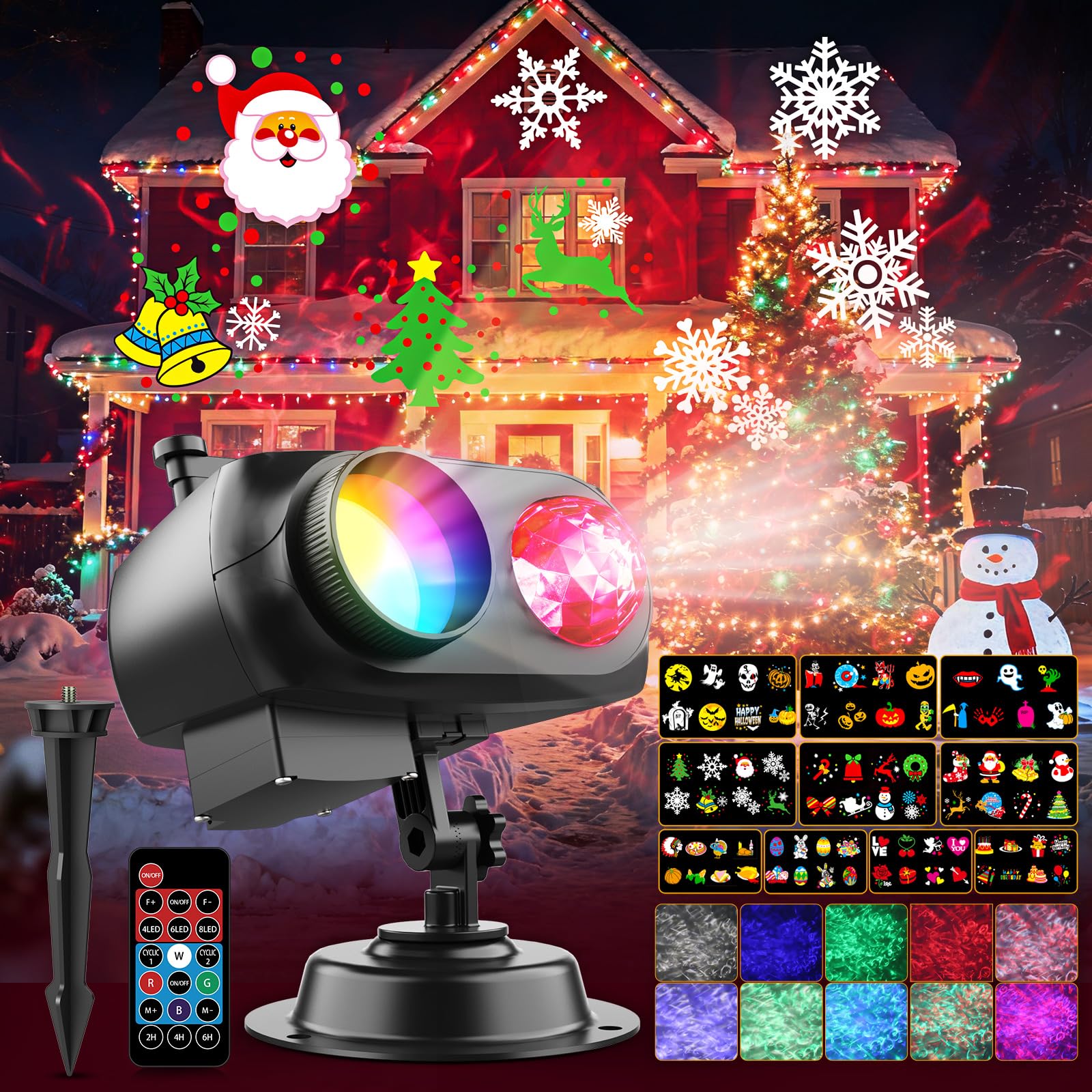 Projektor Weihnachten Aussen Wasserdicht 2-in-1 Projektor Weihnachten mit 10HD Folien und 10 Farben Meereswellen mit Fernbedienung und Timer für Feiertage, Partys, Dekoration, Garten Halloween
