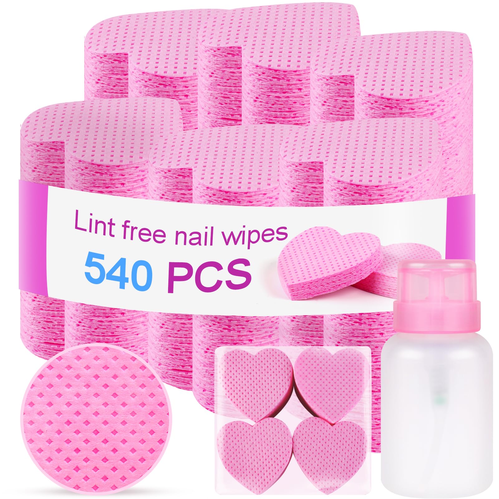 540Pcs Lint Free Nail Wipes, 1 Pull-Off Pump-Style Bottle, for Cleaning Nail Polish and Nail Glue, Eyelash Extensions Glue Nails Cleaning Pads Supplies (pink)