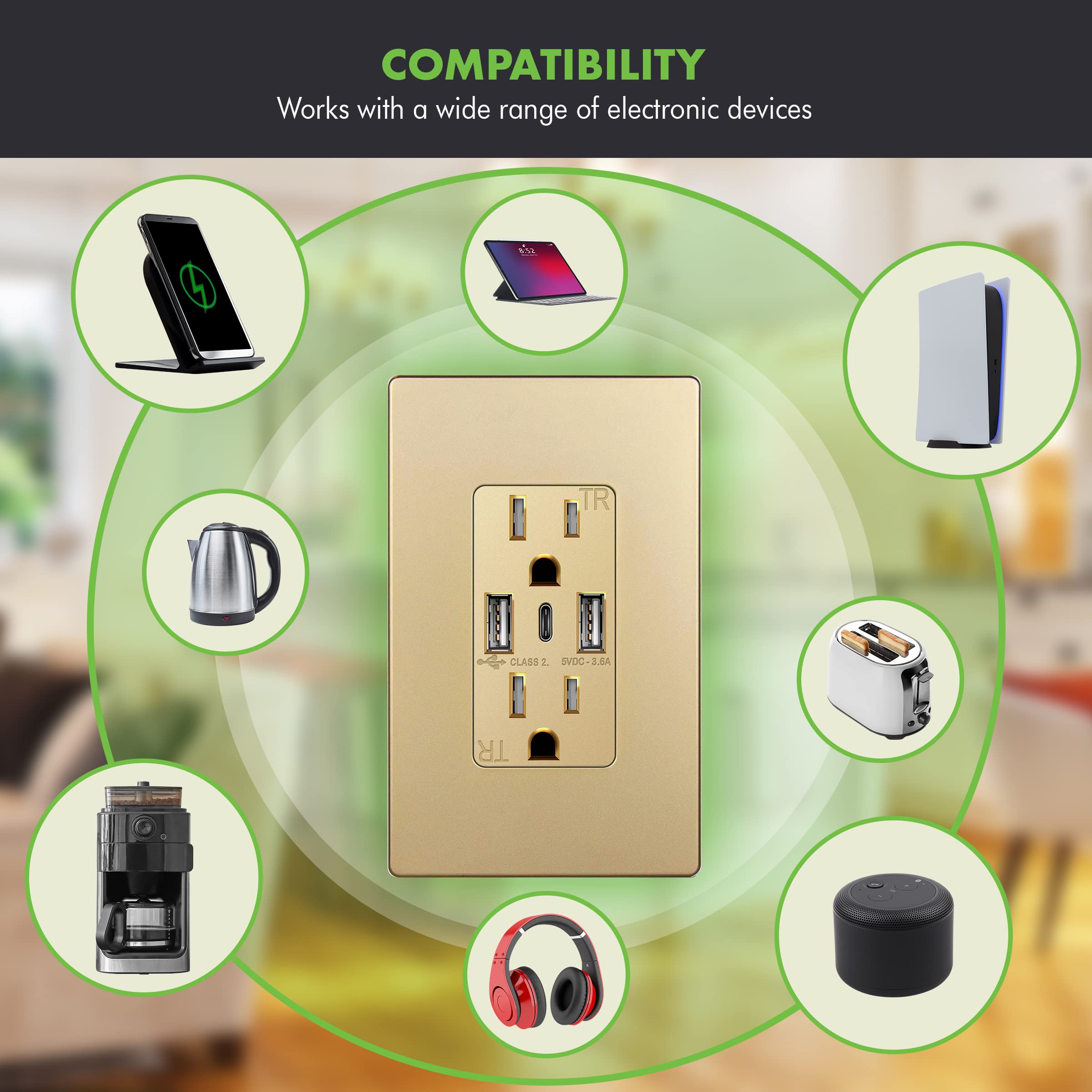 TOPGREENER USB Outlet, 3Port Type C USB Wall Outlet, 15