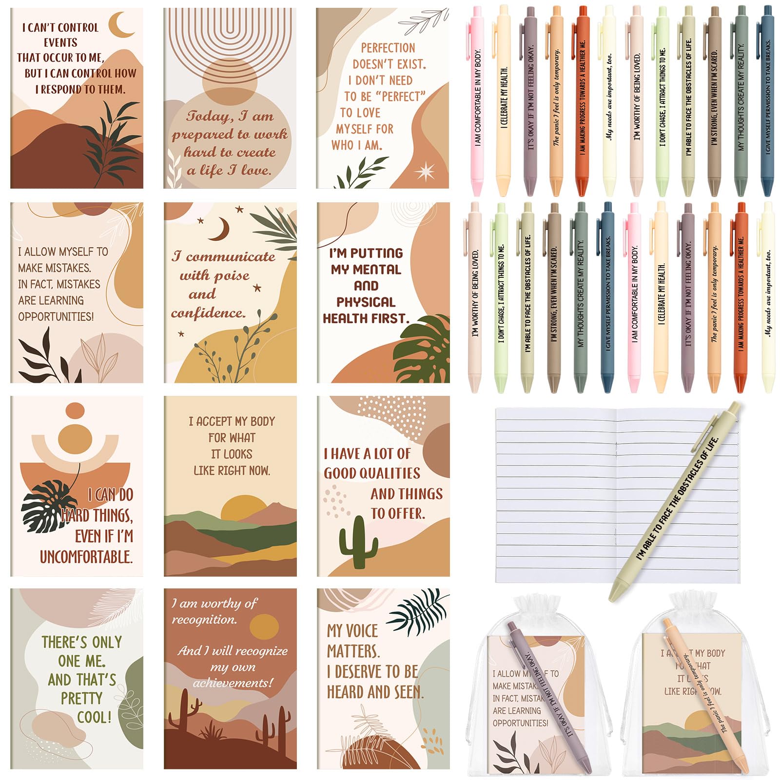 12 Set/ 24 Pcs Positive Affirmation Gift Set Gratitude Notebooks with Pens Small Bags Motivational Encouragement Notepads Daily Affirmations Journal for Women Stress Relief Self Care (Rustic)