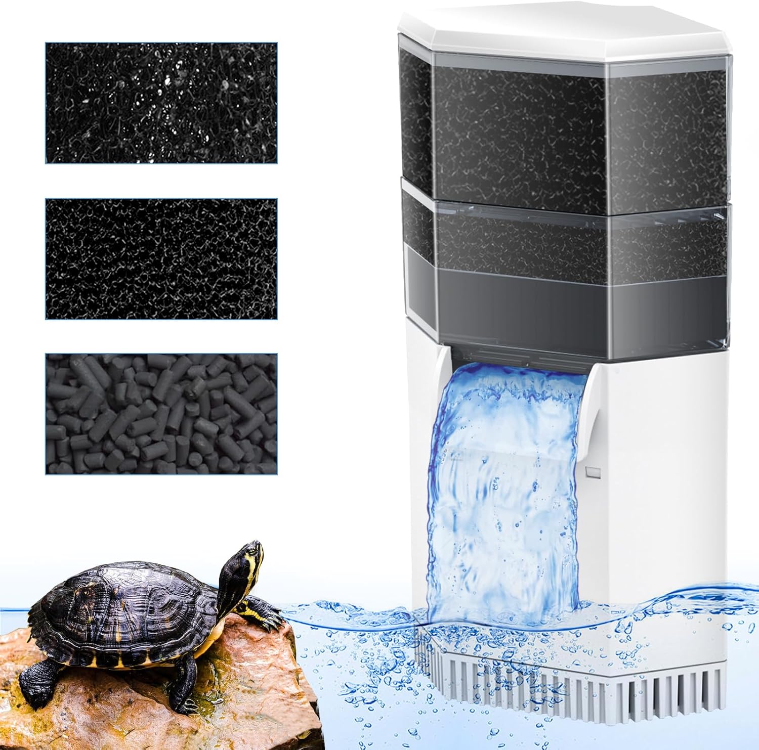 AquaMiracle Turtle Tank Filter 225GPH 3-Stage Super Quiet Low Water Level Filter for 10-40 Gallon Water, Waterfall Reptile Filter for Turtle Habitats & Terrariums