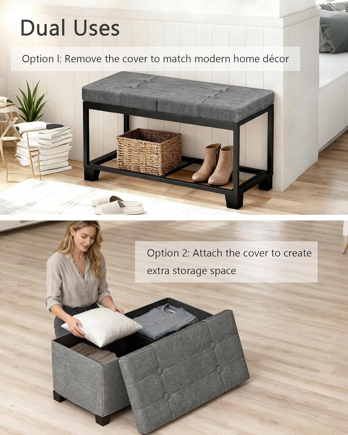 LITZFUE Metal Storage Ottoman Bench with Flipping Lid, 30 Inches Shoe Bench with Legs, Linen Footrest, Storage Chest for Living Room, Bedroom, Entryway, Dark Gray