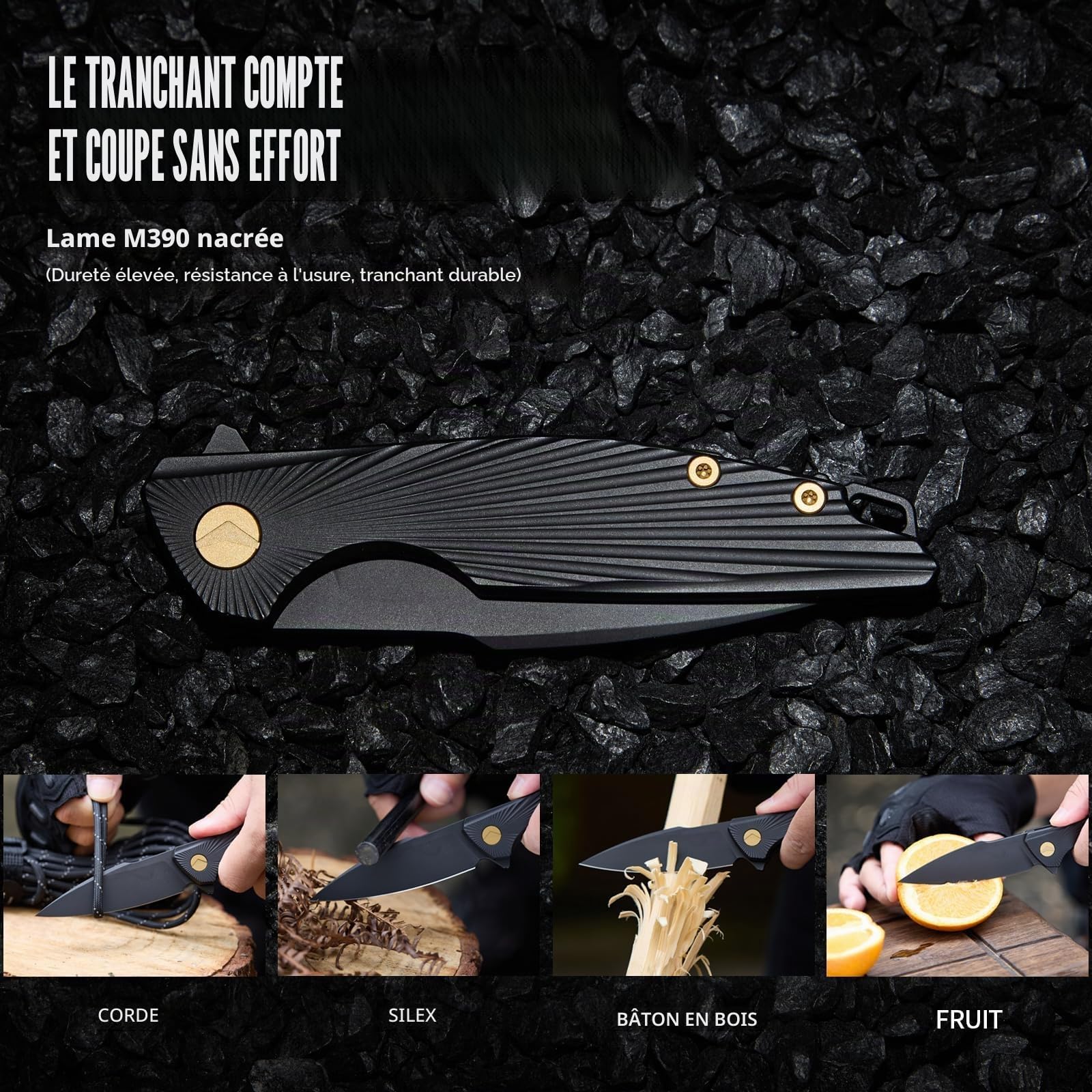 Couteau Pliant Couteau de Poche Couteau de Survie EDC Couteau de Chasse - Acier M390, Titane poignée - Camping extérieur Chasse Randonnée - avec étui (Noir - 02)