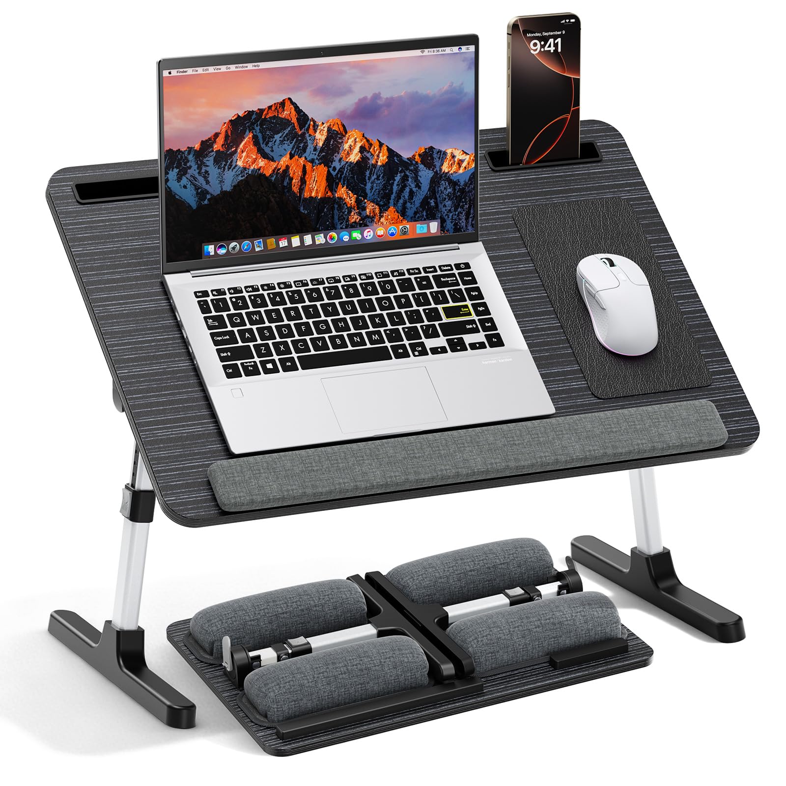 Tavolo da letto 2 in 1 & Lap Desk – Imbottitura morbida regolabile in altezza e inclinazione, pieghevole con poggiapolsi, supporto per tablet, fermaporli e tavolo per computer portatile in pelle