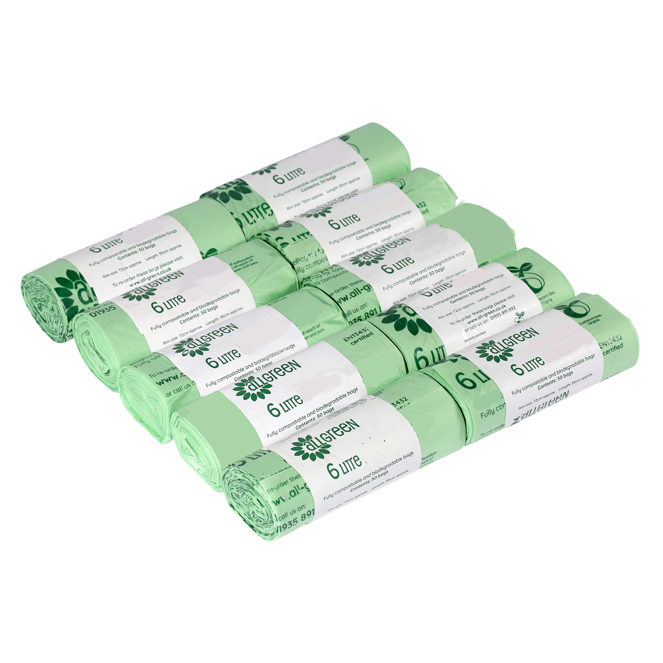 All-Green Green 6 Litre X 500 All- Bags - Compostable Kitchen Caddy Liner - Food Waste Bin Liners - En 13432-6L Bags With Composting Guide