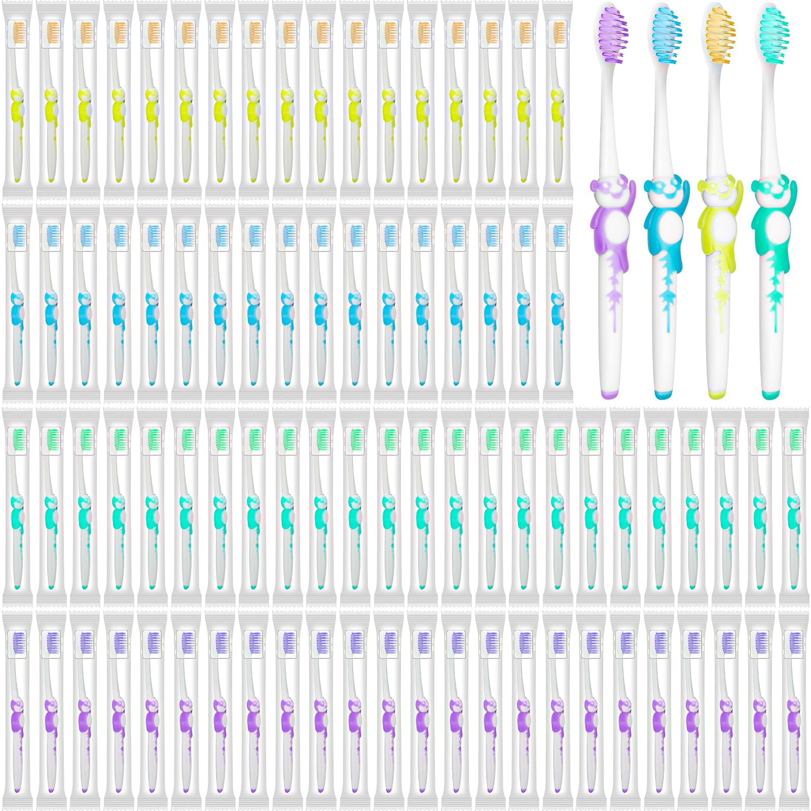 100 spazzolini manuali per bambini, con coperchio, setole morbide, confezionati singolarmente, per casa, viaggi, campeggio, hotel (verde, giallo, blu, viola)
