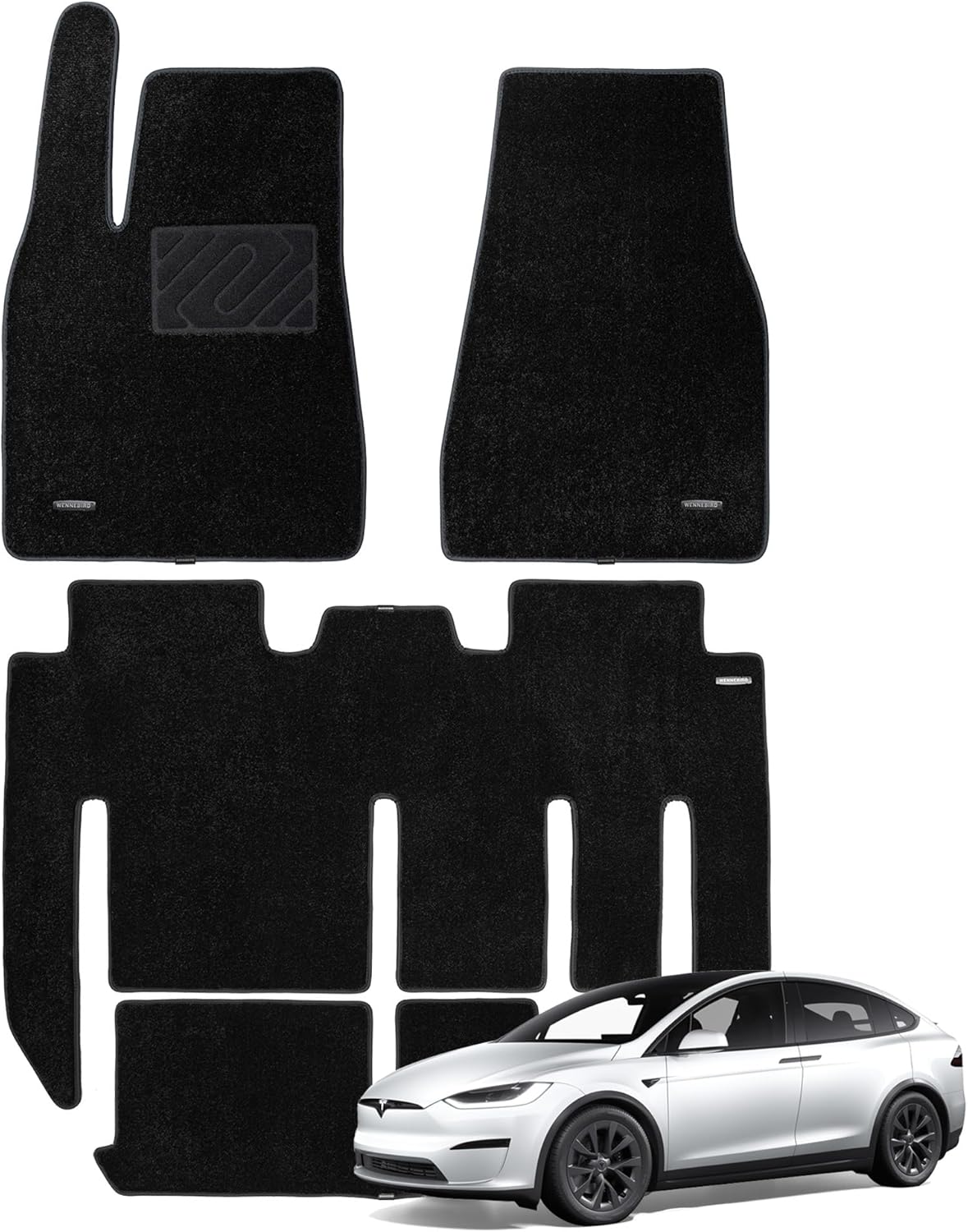 WENNEBIRD Superior Carpet Floor Mats for 2021-2025 Tesla Model X 7 Seats (Not for 5 Seats & 6 Seats), 0.6-Inch Ultra-Thick, Noise-Reducing, All-Weather Waterproof Anti-Slip – 4-Pc Set 2021-2025 Model X 7 Seats 4-Pc Set
