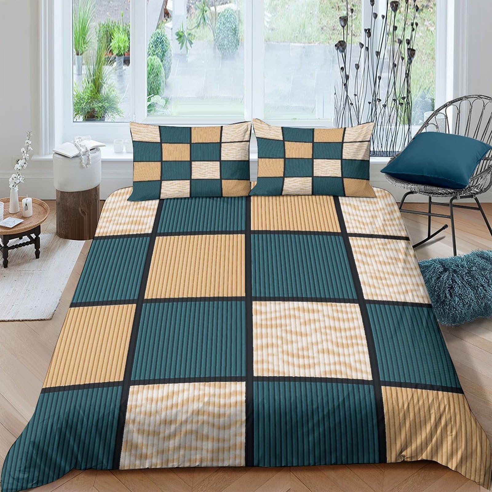 Ctjqhvkz Style-1 3D Printed Modern Geometric Patchwork Fitted Sheet Microfiber Anti-Slip Bedroom Decor Checkered Mattress Cover Single（135X200cm）