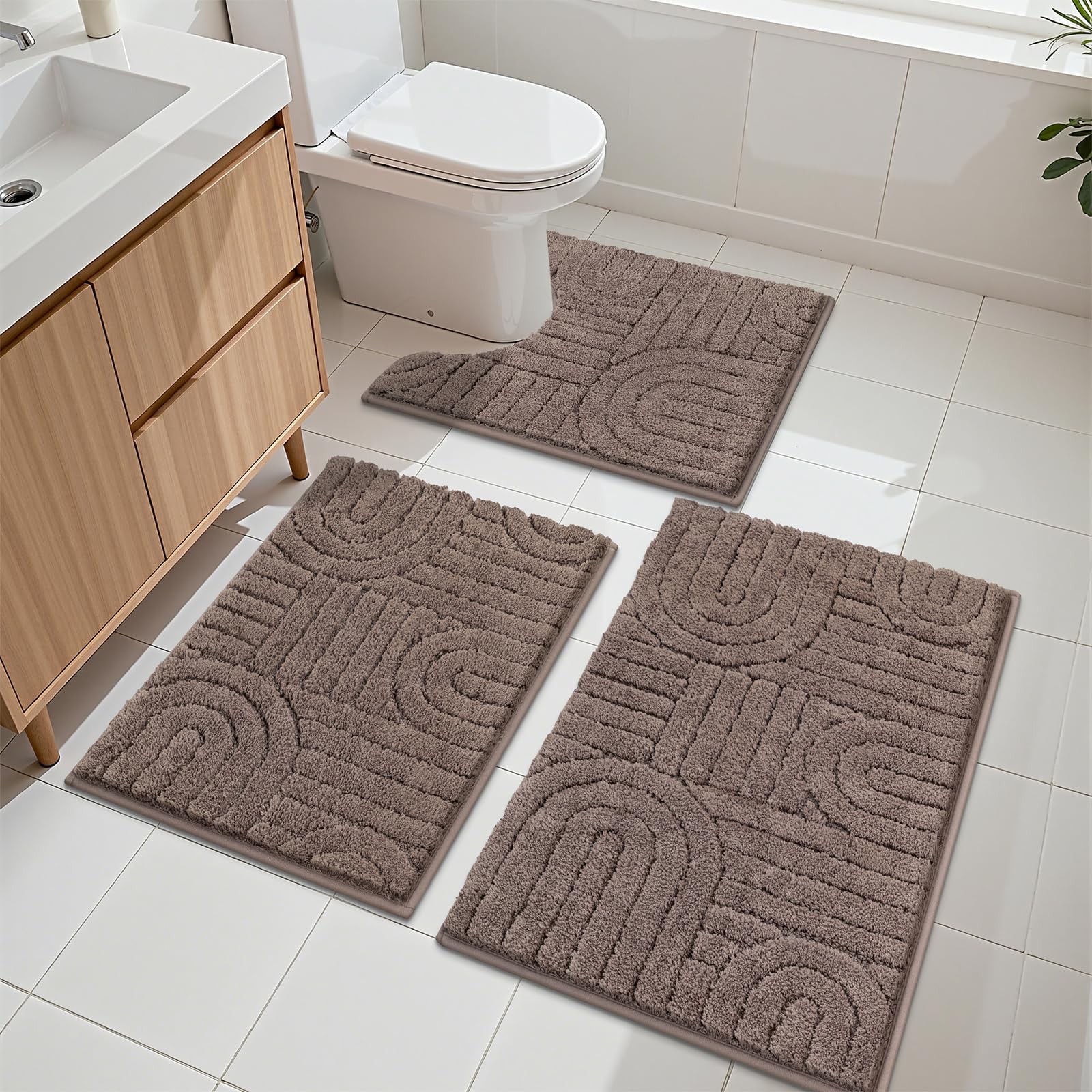 Badematte Set 3 Teilig rutschfest Waschbar Badteppich, Braun