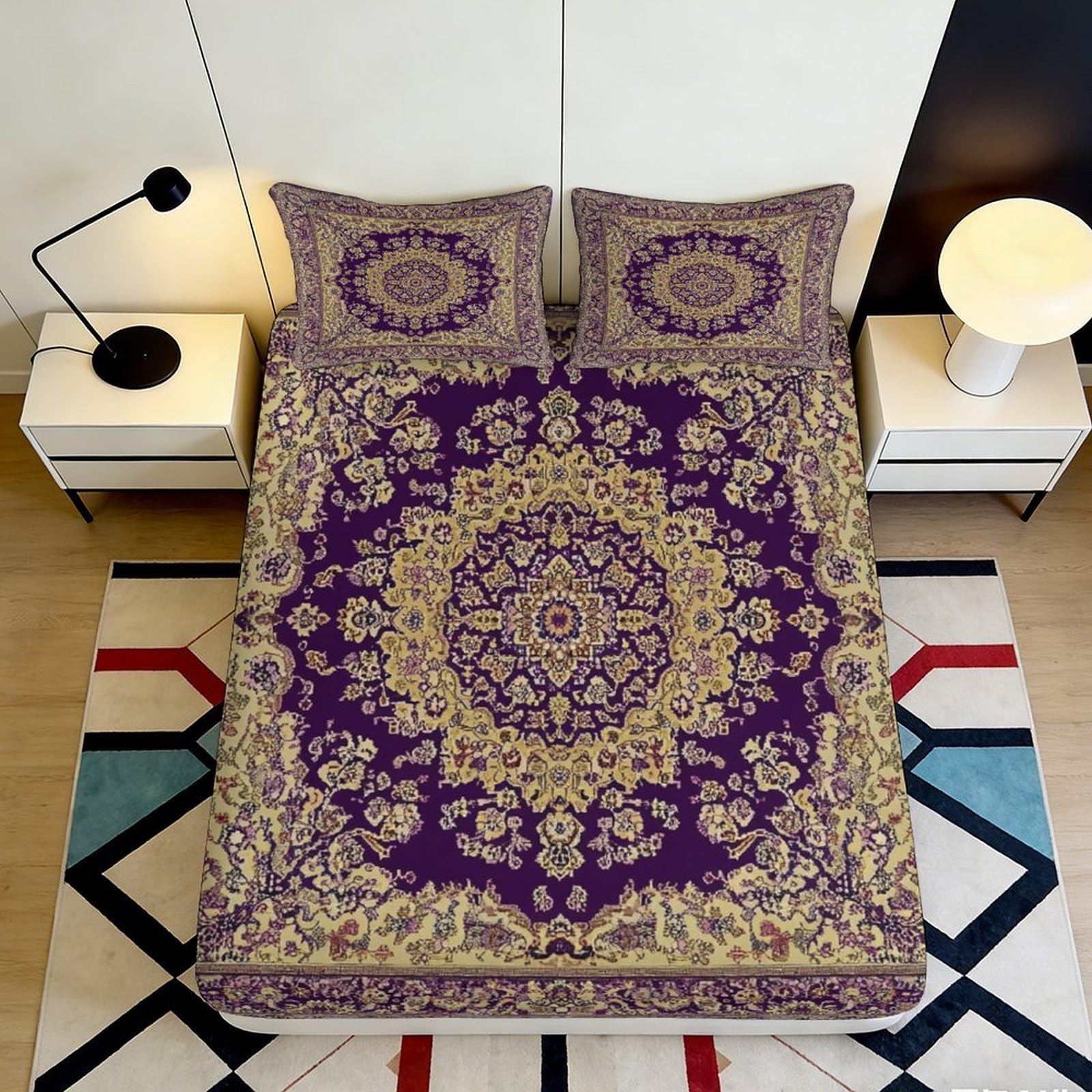 3D Printed Persian Mandala Fitted Sheet Microfiber Soft Breathable Vintage Carpet Mattress Cover for Bedroom Dorm Decor, Purple Gold 200x200x25cm