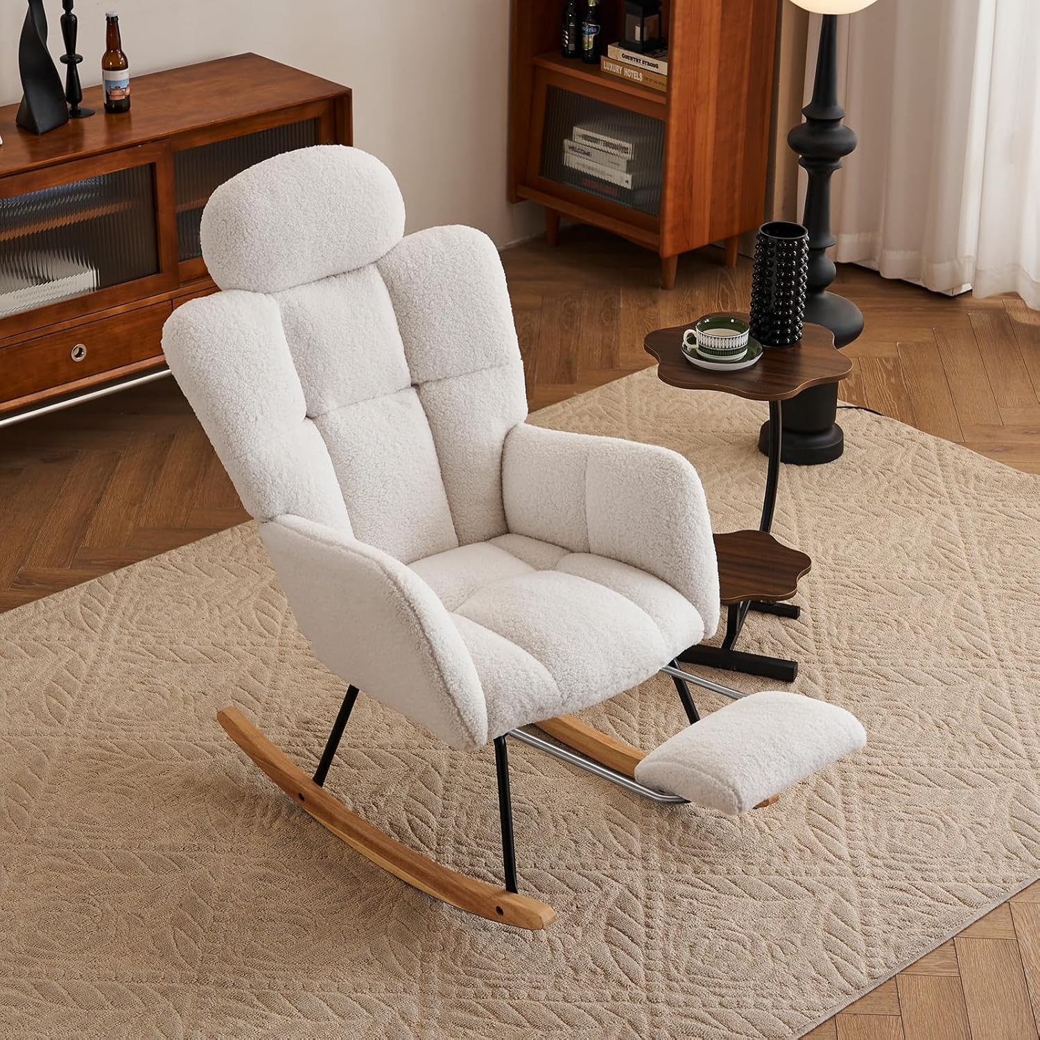 Nursery Rocking Chairs with Foot Rest, Teddy Glider Rocker with Headrest, Upholstered Nursing Rocking Chair Indoor for Living Room,Ivory