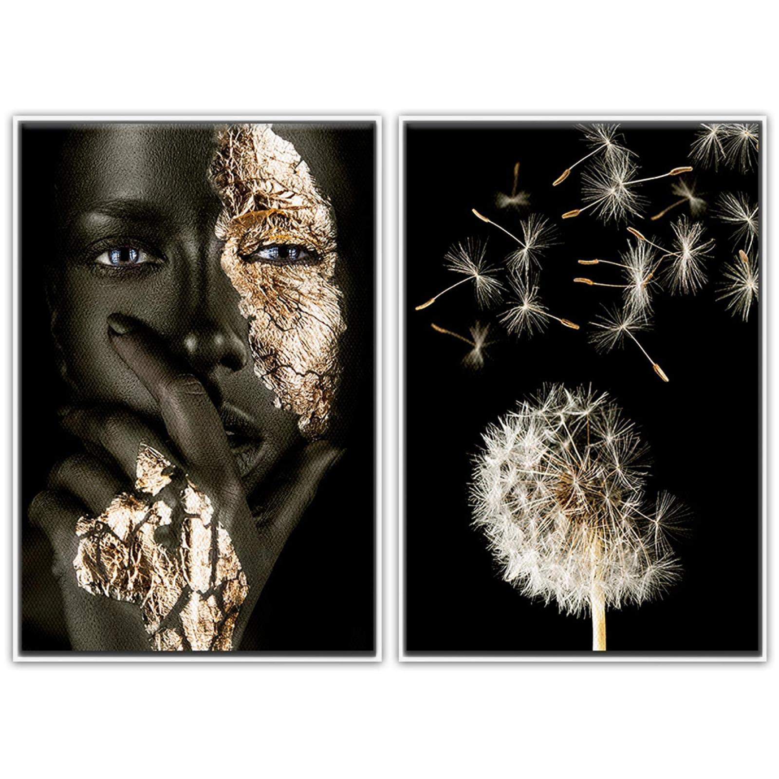 Cuadros de arte de pared de lienzo de flor de diente de león negro dorado dorado - impresiones de carteles de pintura para decoración de dormitorio de sala de estar 60x80cmx2 con marco