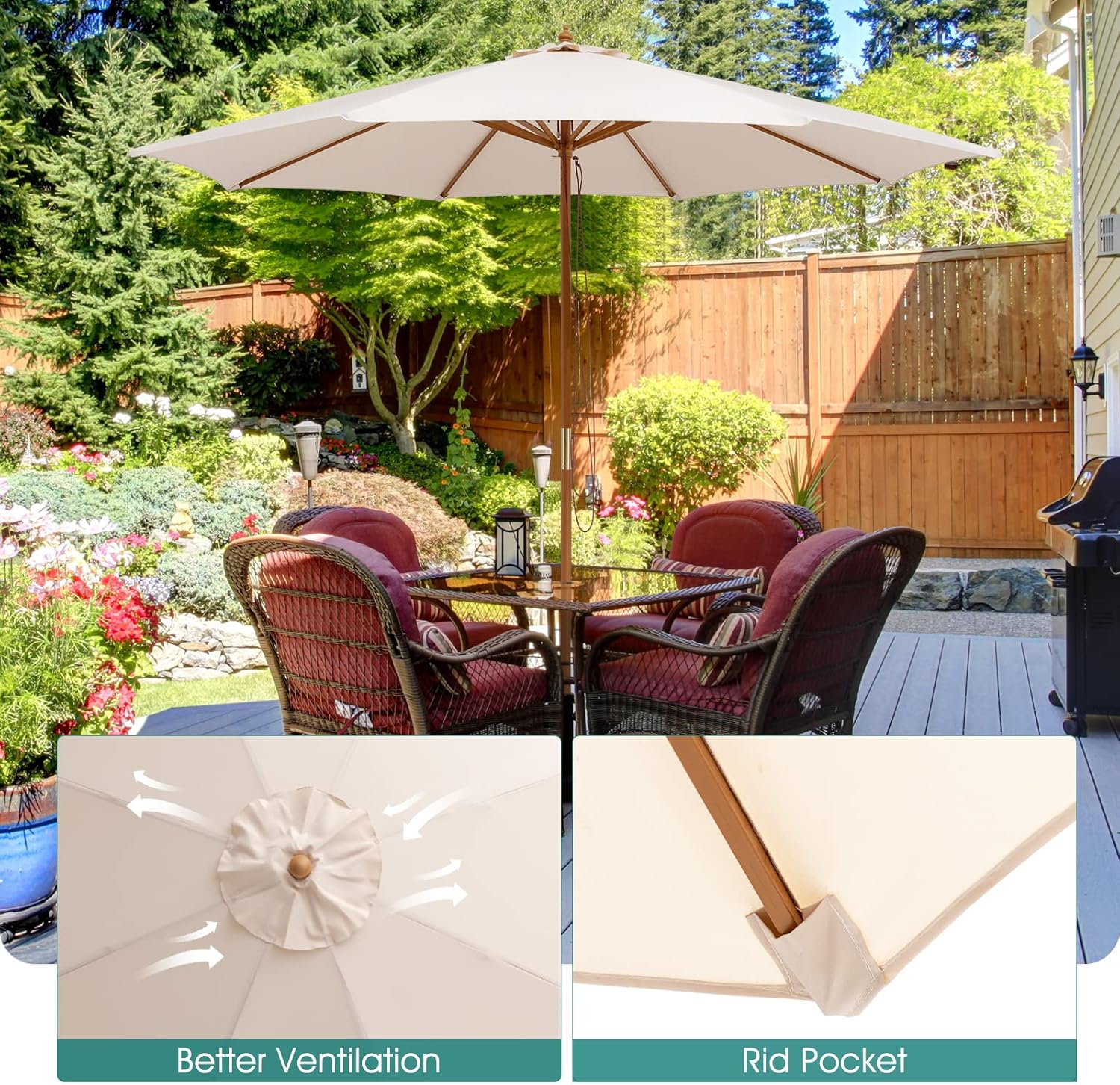 Giantex 10FT Patio Umbrella, Outdoor Table Market Umbrella with 8 Bamboo Ribs, Pulley Lift and Ventilation Hole, Outdoor Sunshade Umbrella for Poolside Backyard Beach