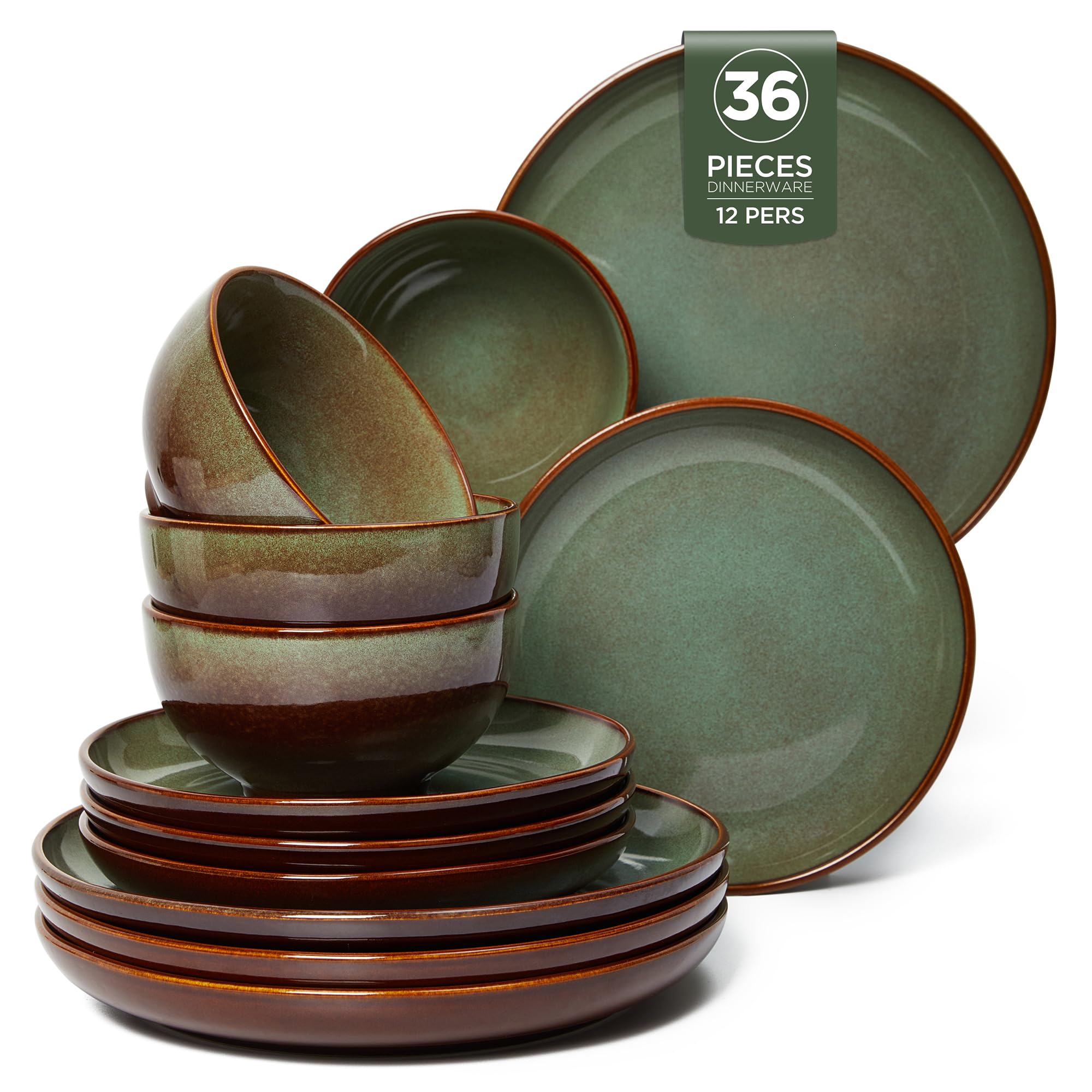 Pokini Stoneware Dinnerware Sets for 12, 36pcs Plates and Bowls Sets Dishes