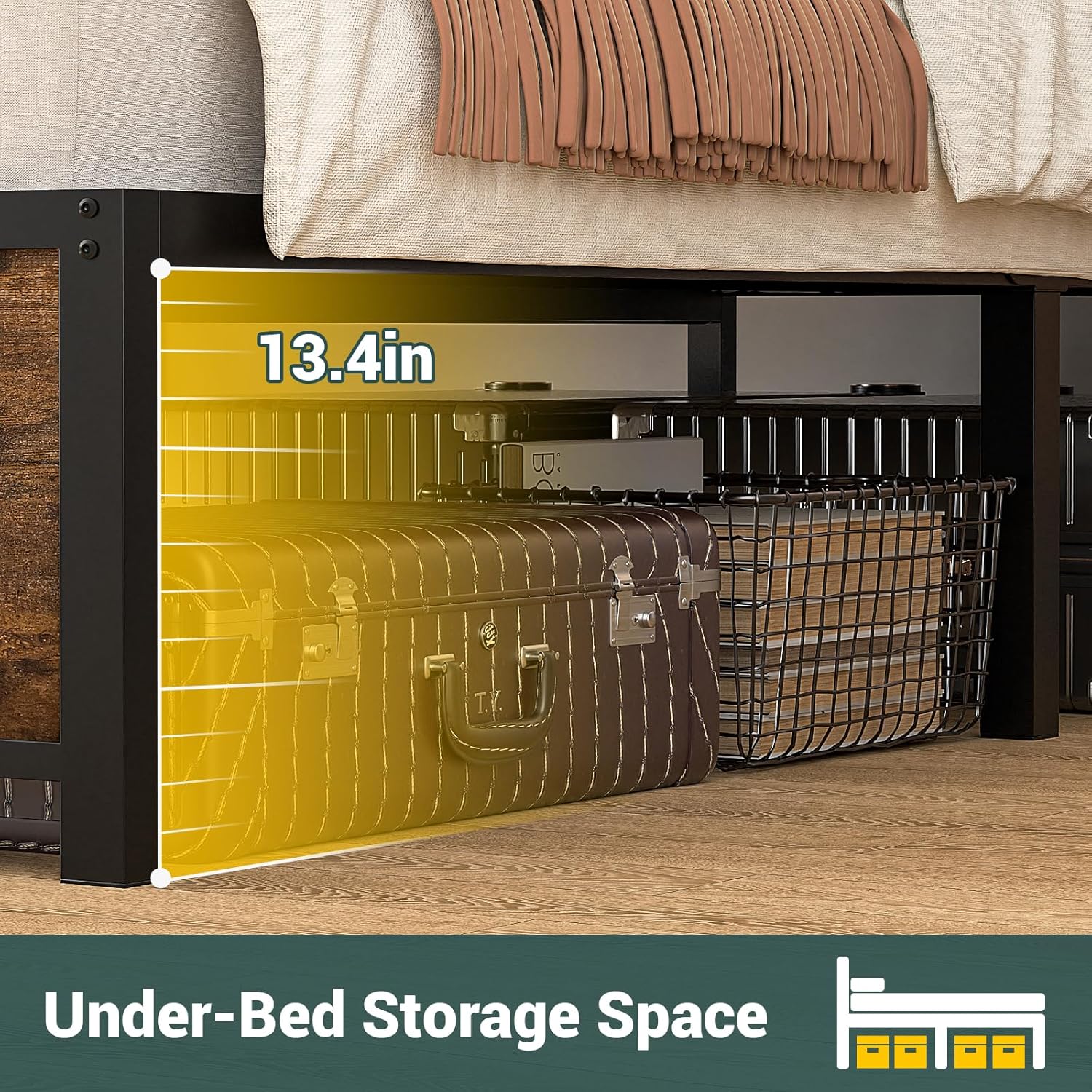 Unikito Full Size Bed Frame with LED Light & Power Outlet, Sturdy Metal Platform Bed Frame with Upholstered Headboard and Storage Cabinet, No Box Spring Needed, Easy Assembly, Noise-Free, Rustic Brown