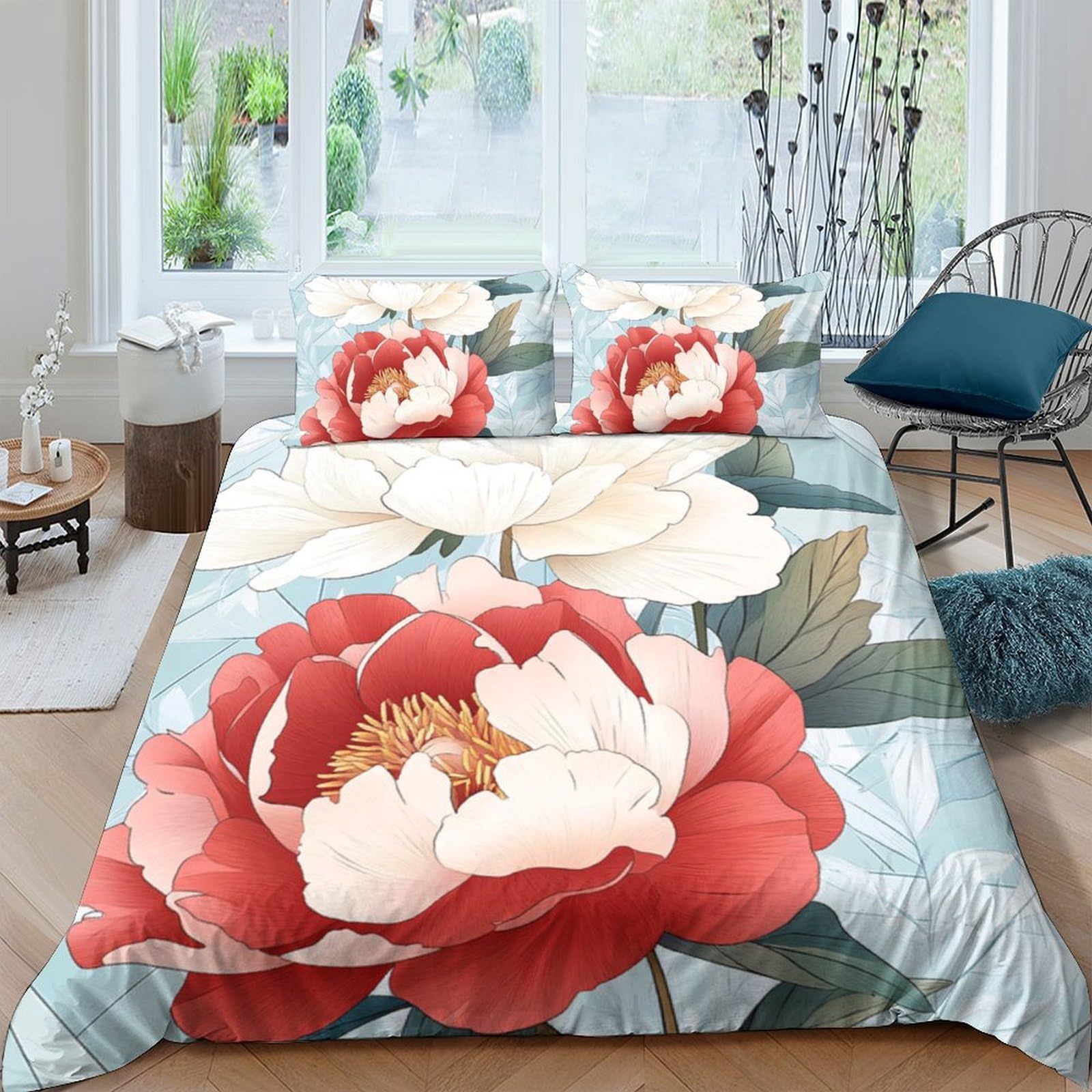GPLZQXKJNH 3D Printed Red Peony Floral Duvet Cover Microfiber Soft Breathable White Bloom Bedding Set 2 Pillowcases for Bedroom Decor Single（135x200cm）