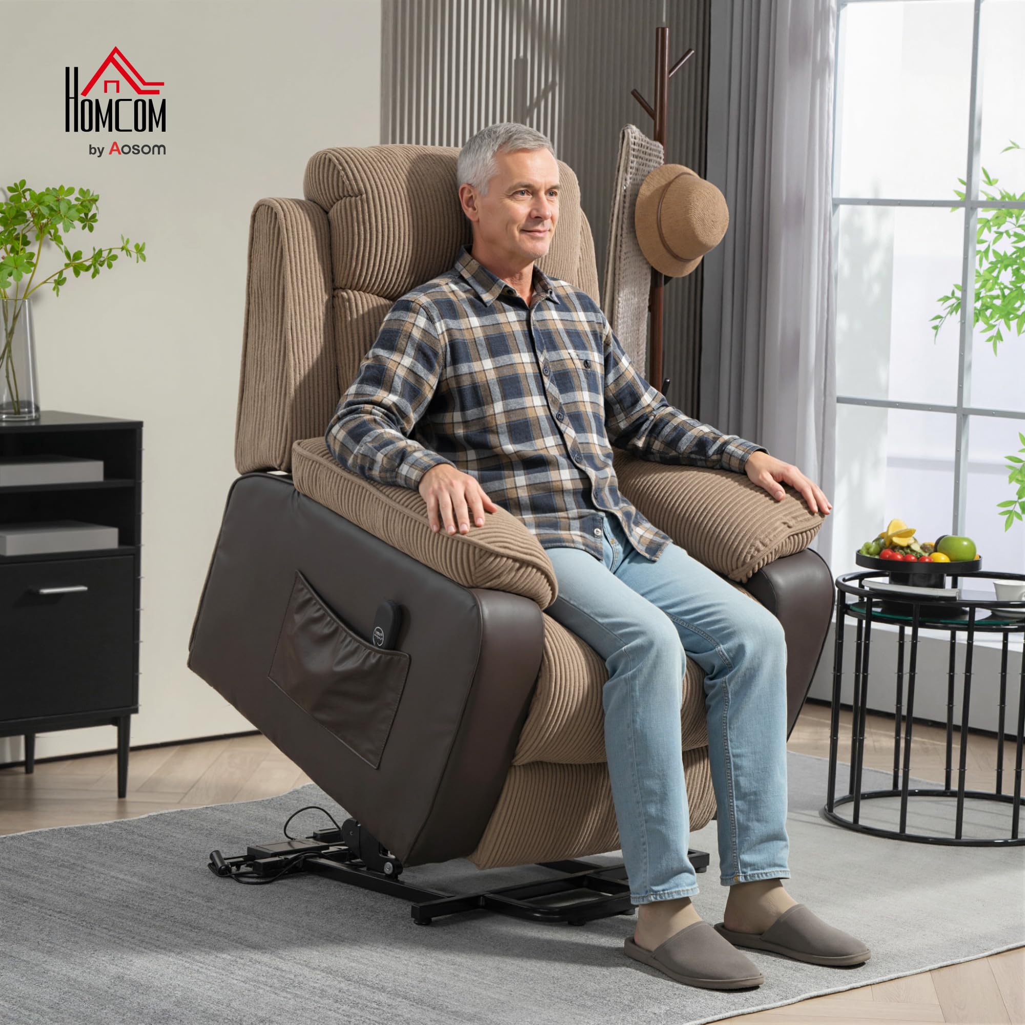 HOMCOM Sillón Relax Reclinable Eléctrico Levanta Personas, Sillón Elevador, con Puerto USB, Control Remoto, Reposapiés, Tapizado en Pana, Bolsillos Laterales, Marrón