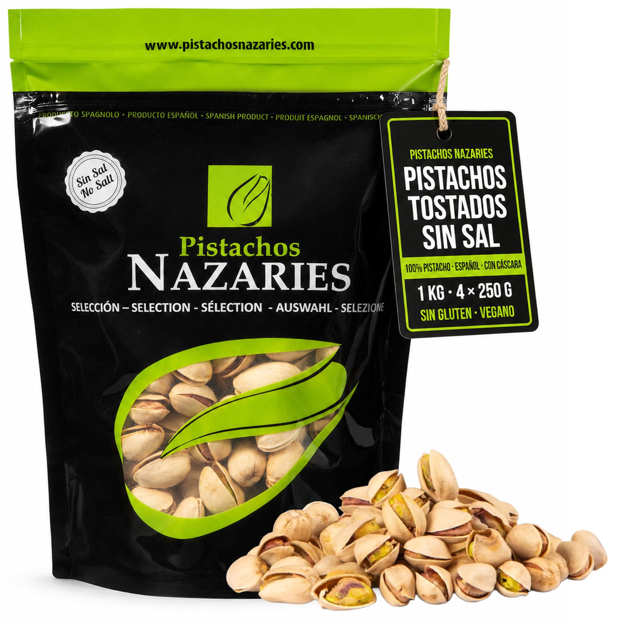 Pistacchi coltivati in Spagna, tostati e salati, SENZA SALE. 4x250 grammi
