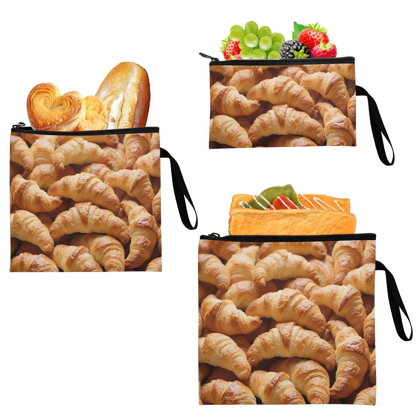 Croissant Bread Food Pack of 3 Reusable Sandwich Snack Bag Portable Diaper Bag Organization for Travel Items, Home Organization
