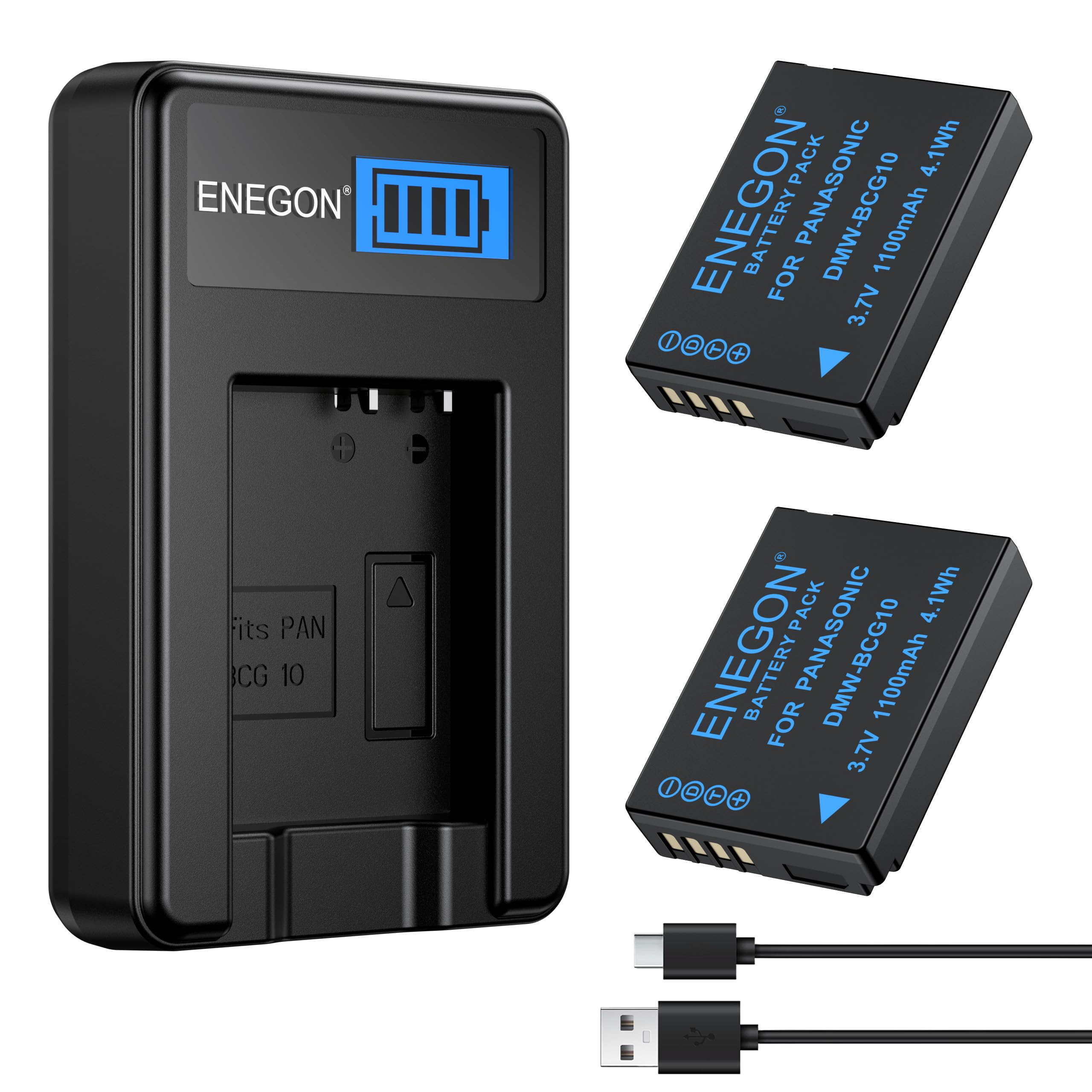 ENEGON DMW-BCG10 - Lote de 2 Baterías de 1100mAh con Cargador y Cable USB-C para Panasonic Lumix DMC-ZS1, ZS3, ZS5, ZS6, ZS7, ZS8, ZS10, TZ7, TZ10, TZ19, TZ20, TZ30, ZR1, ZR3
