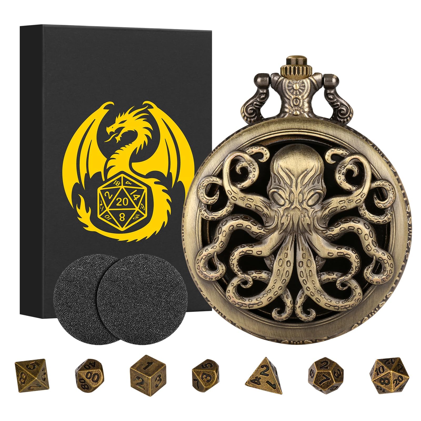 Mini DND Juego de dados Steampunk Bronce Hueco Pulpo Caja de Reloj de Bolsillo de 7 Piezas de Metal Poliédrico D&D Dados Set Dungeons and Dragons Regalos con Caja de Regalo, Accesorios de Juego de